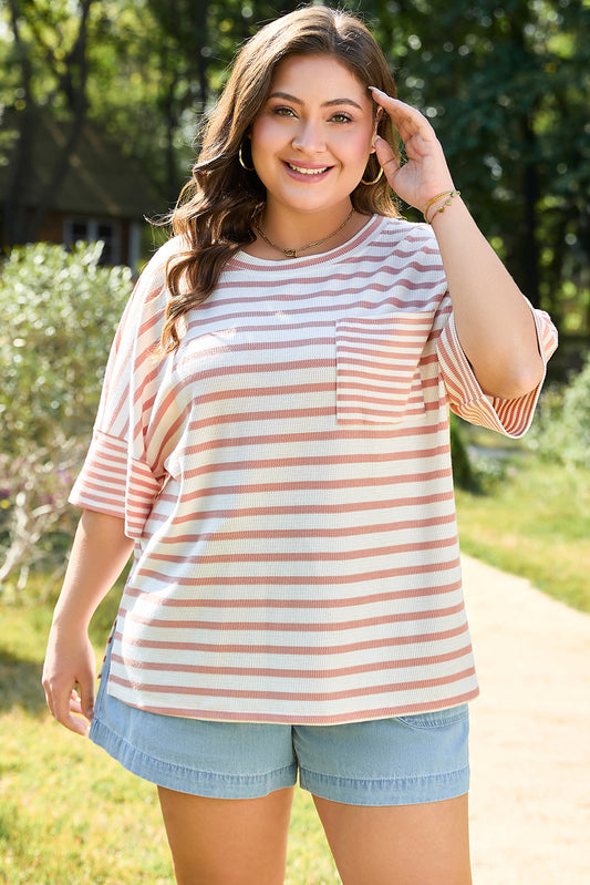 Pink Stripe Waffle Knit Pocketed Half Sleeve T Shirt