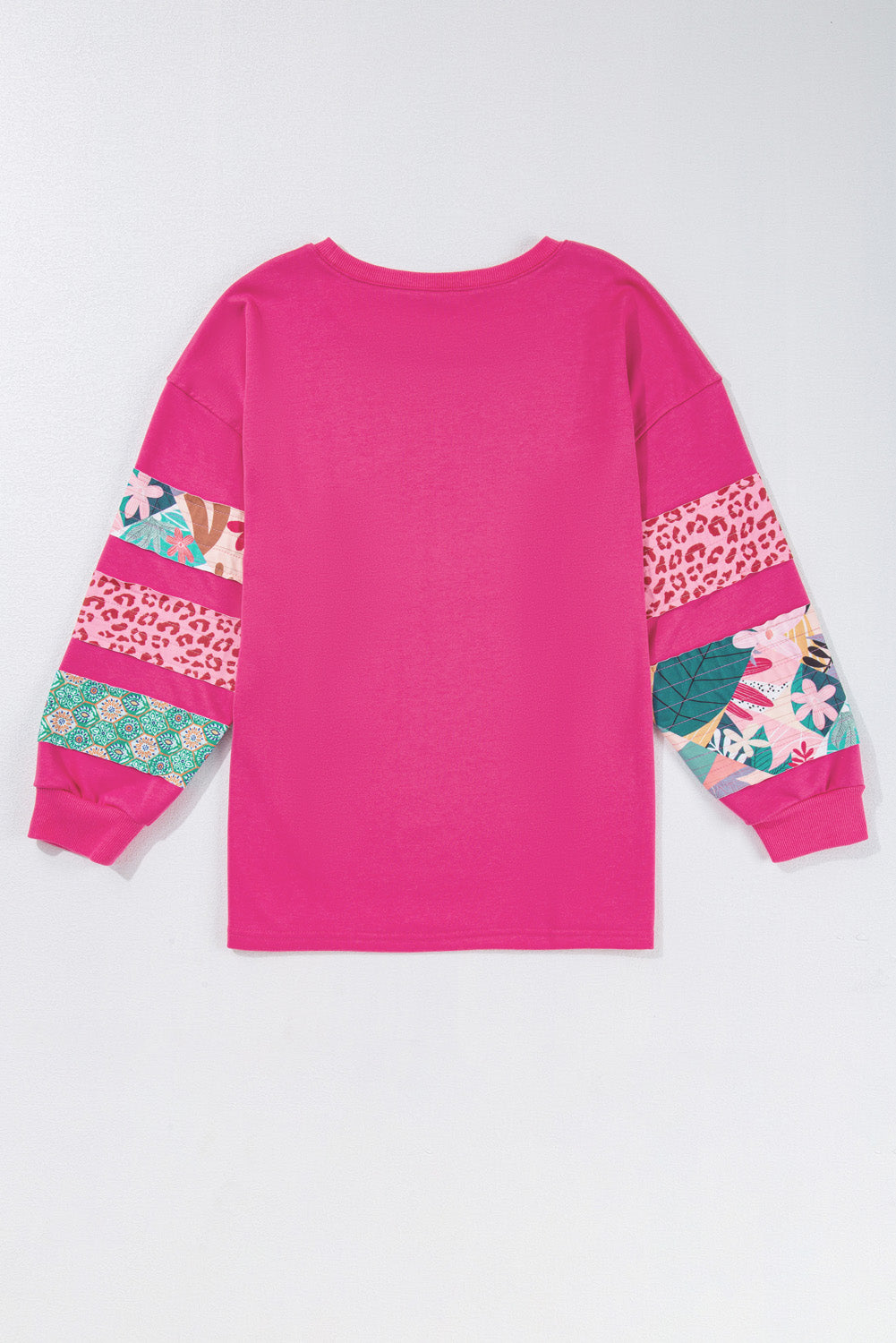 Rose Red Printed Patchwork Sleeve Split Sweatshirt
