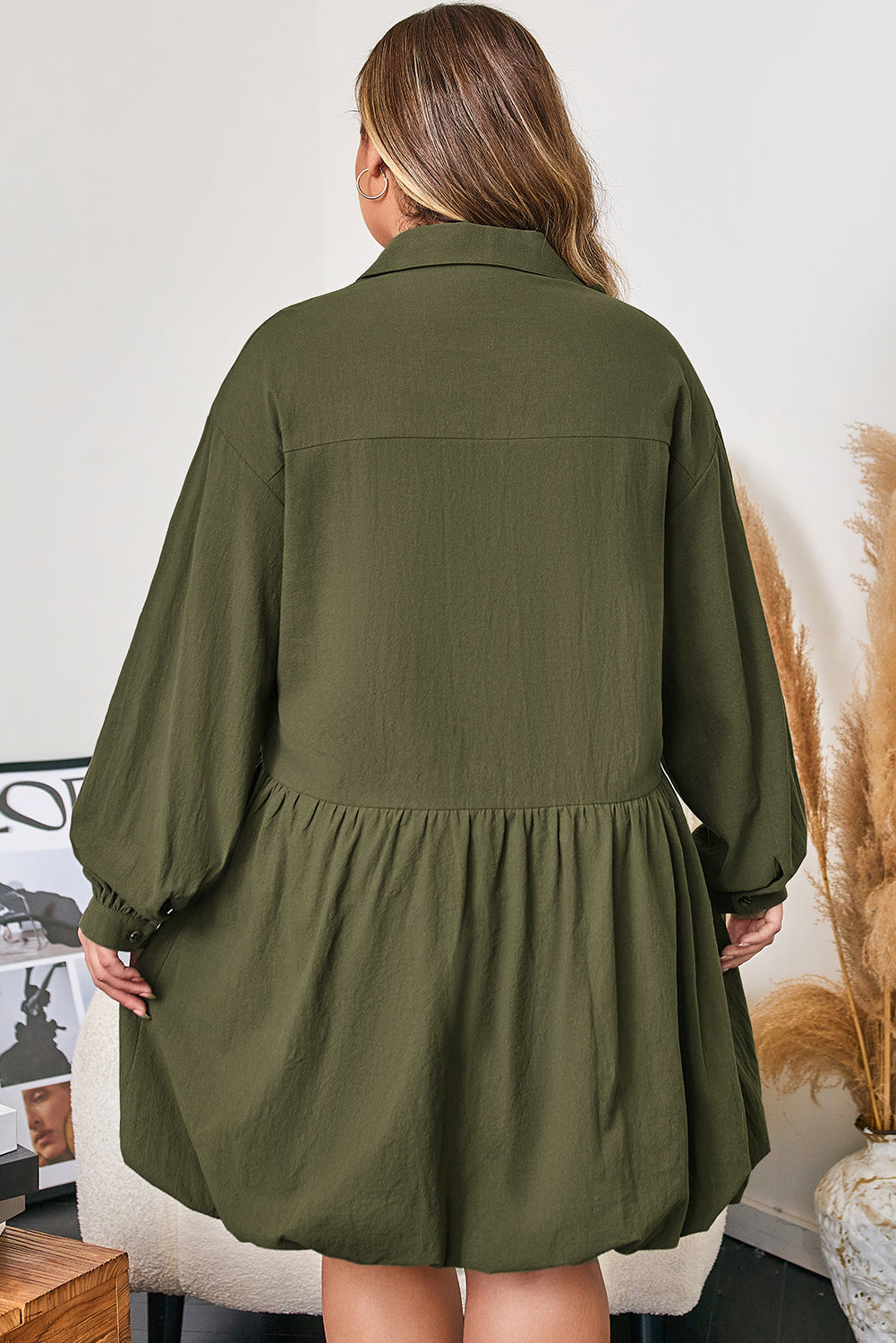 Four Leaf Clover Collar Half Button Long Sleeve Ruffle Hem Mini Dress