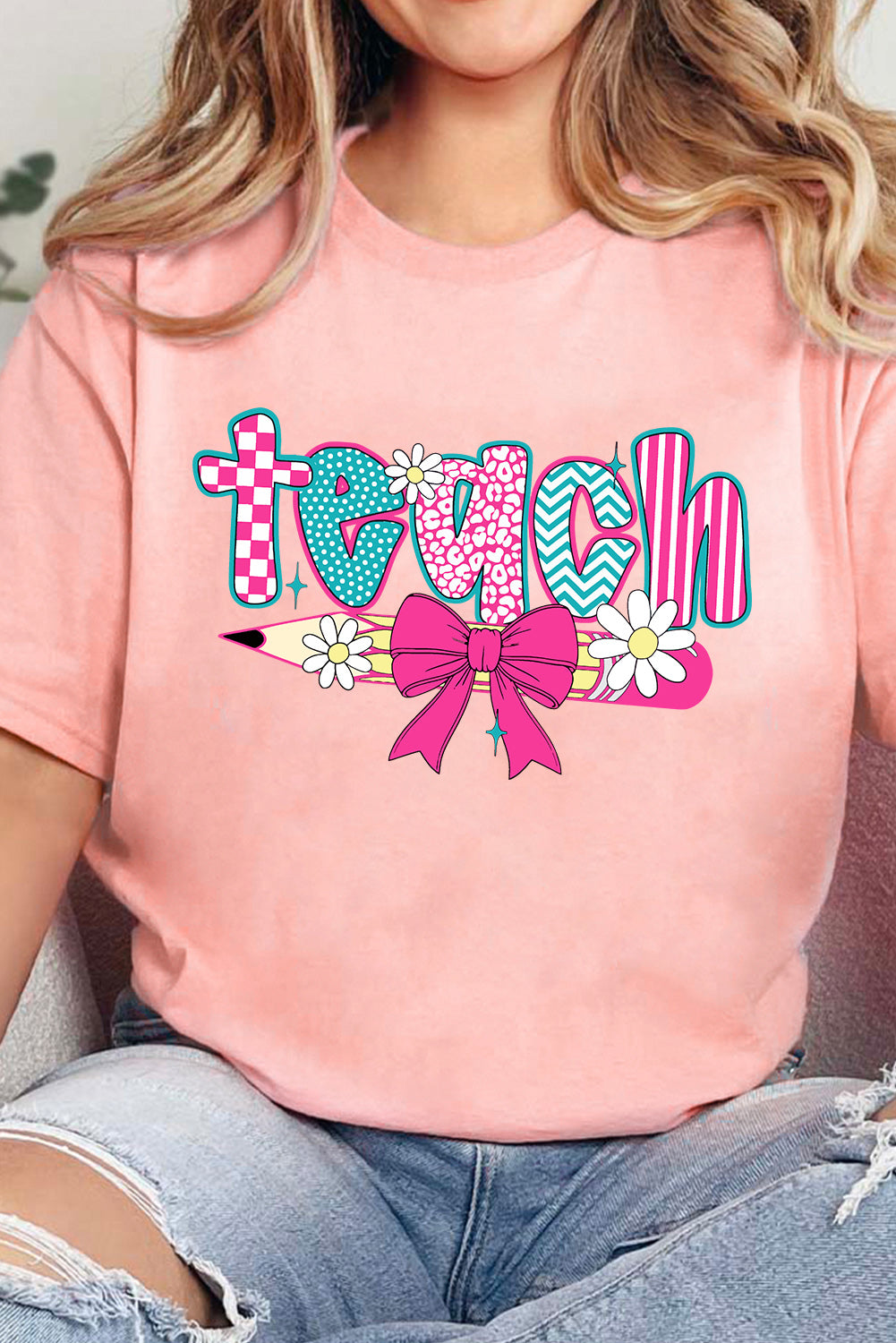 Pink Preppy Retro Checkered Coquette Teach Graphic T-Shirt (Extended Sizes)