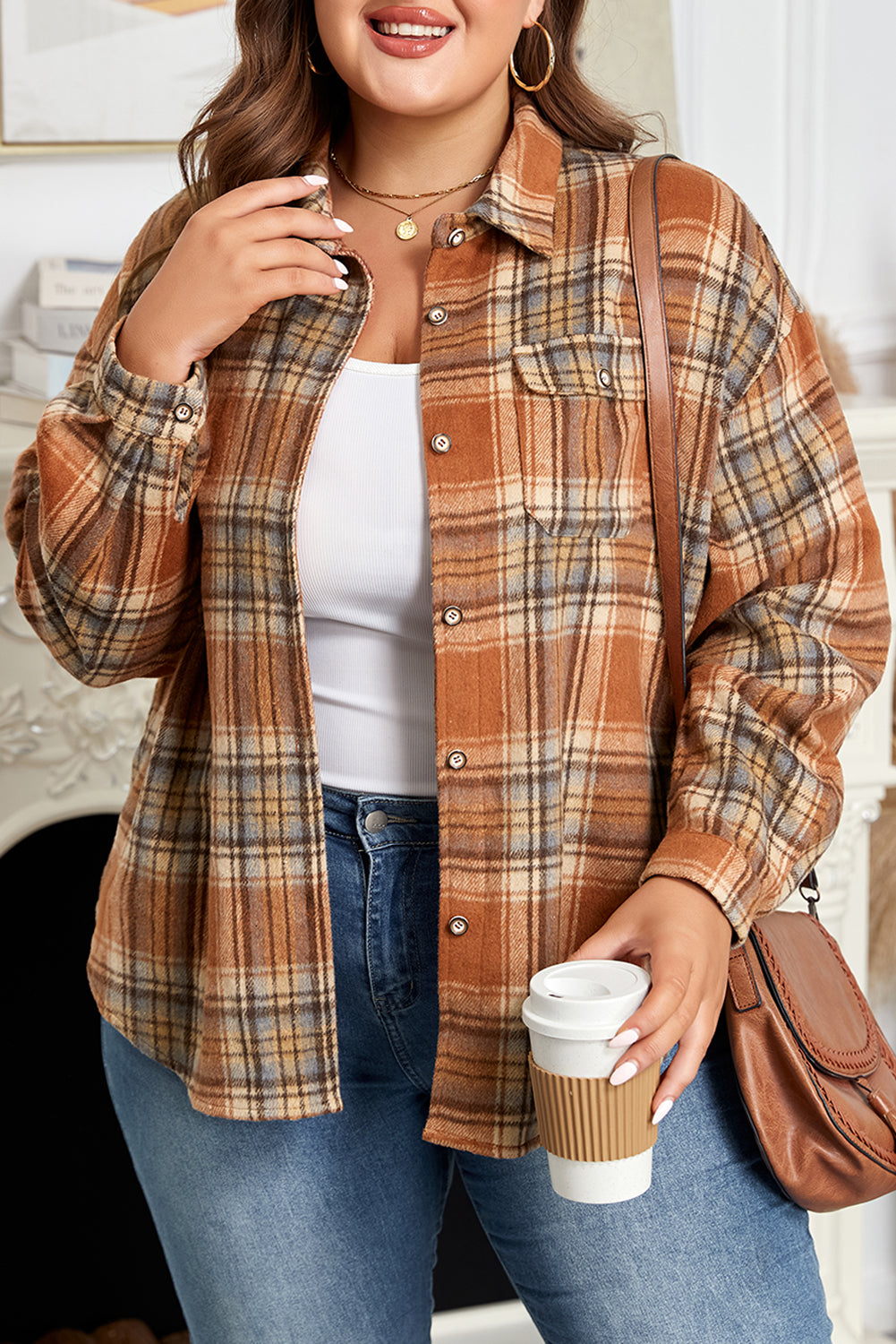 Brown Plaid Print Flap Pocket Buttoned Shacket