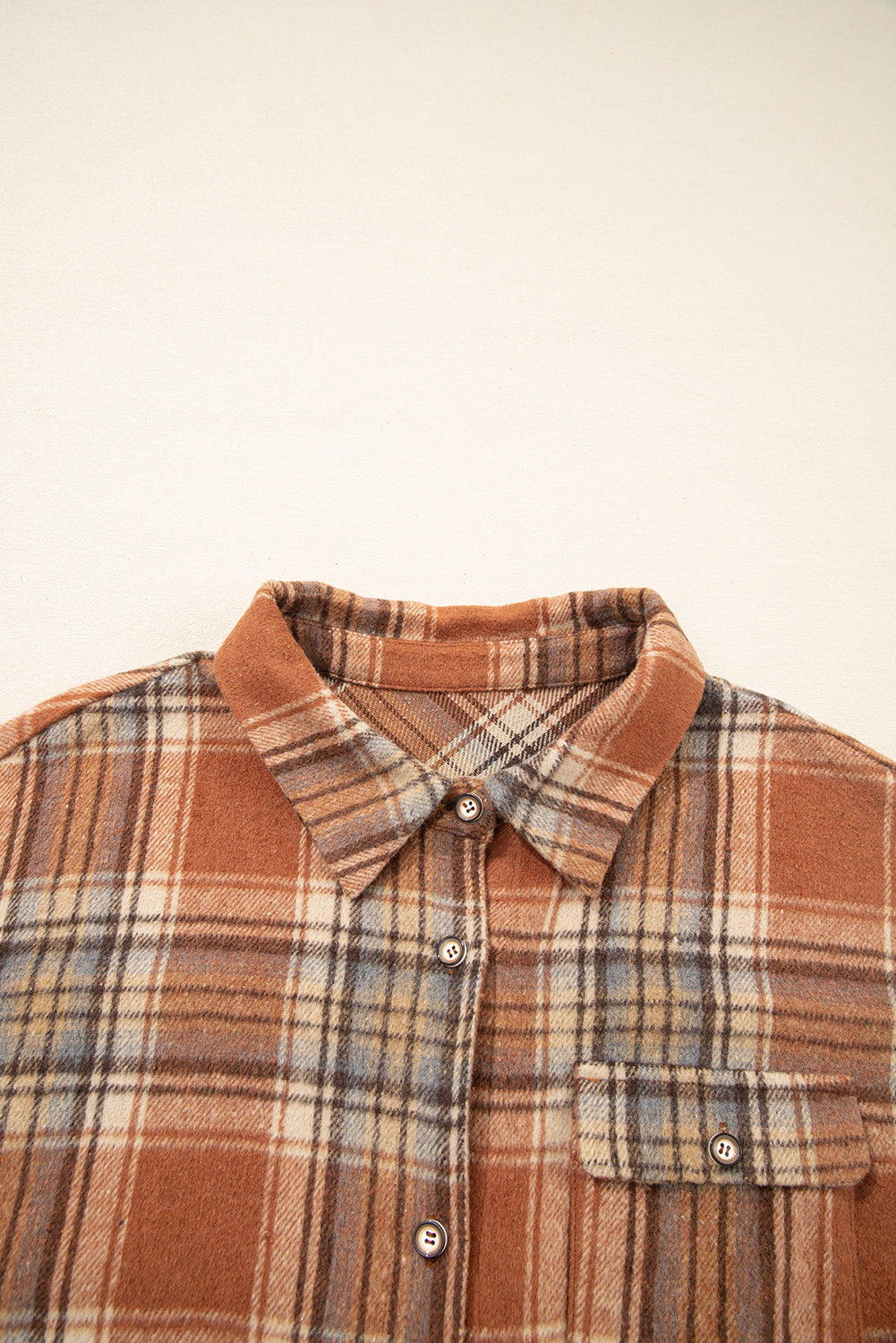 Brown Plaid Print Flap Pocket Buttoned Shacket