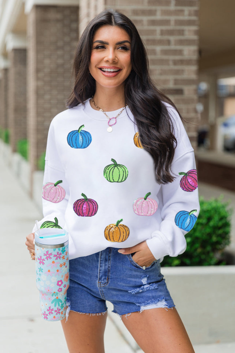 White Colorful Pumpkin Sequin Patched Drop Shoulder Sweatshirt (Extended Sizes)