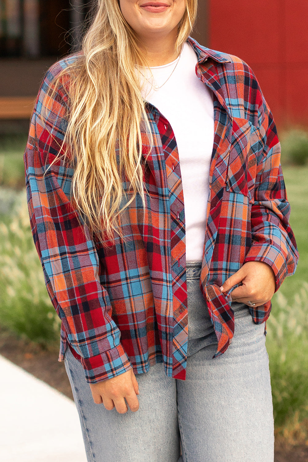 Red Plaid Print Buttoned Shirt