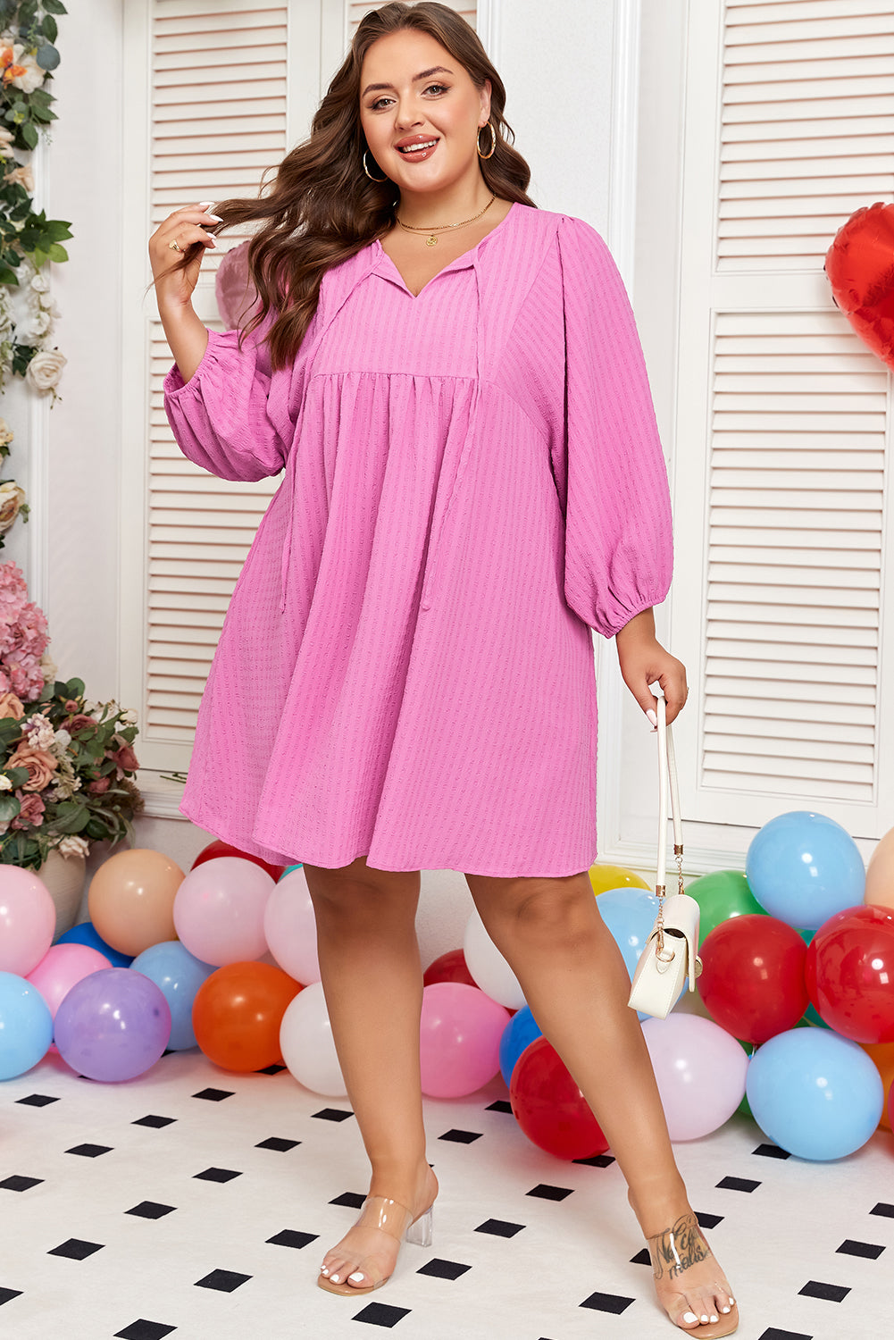 Sachet Pink Textured Tie Split Neck Puff Sleeve Flowy Mini Dress