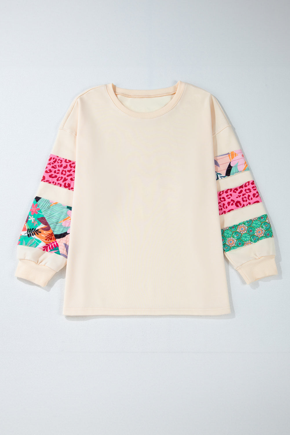 Beige Printed Patchwork Sleeve Split Sweatshirt