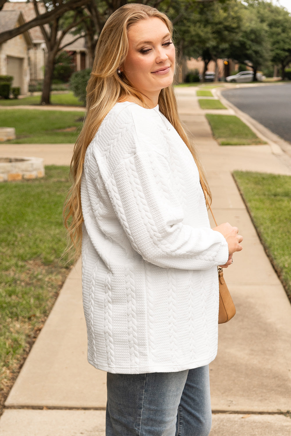 White Cable Textured Loose Sweatshirt