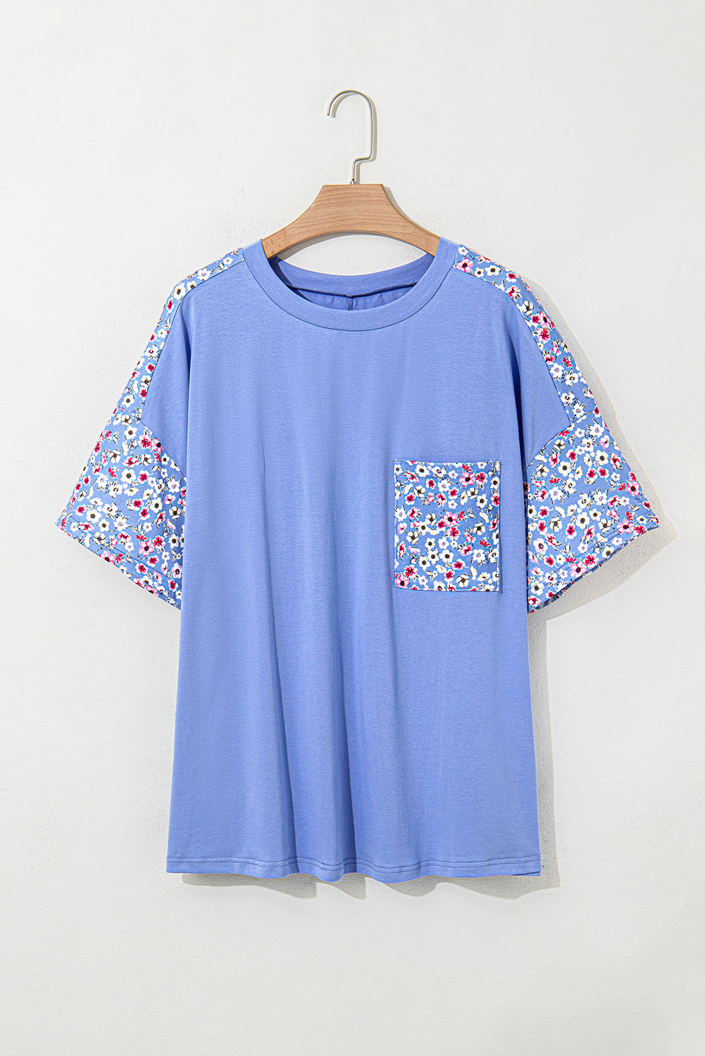 Sky Blue Floral Patchwork Chest Pocket Crewneck T Shirt