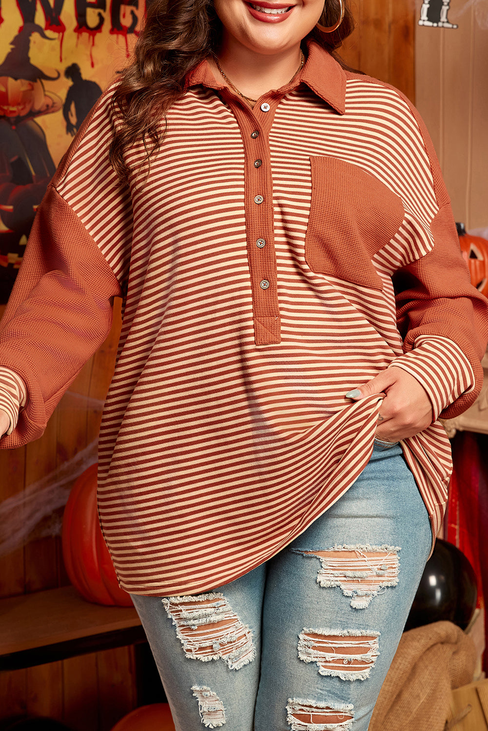 Red Stripe Textured Patched Drop Shoulder Buttoned Sweatshirt