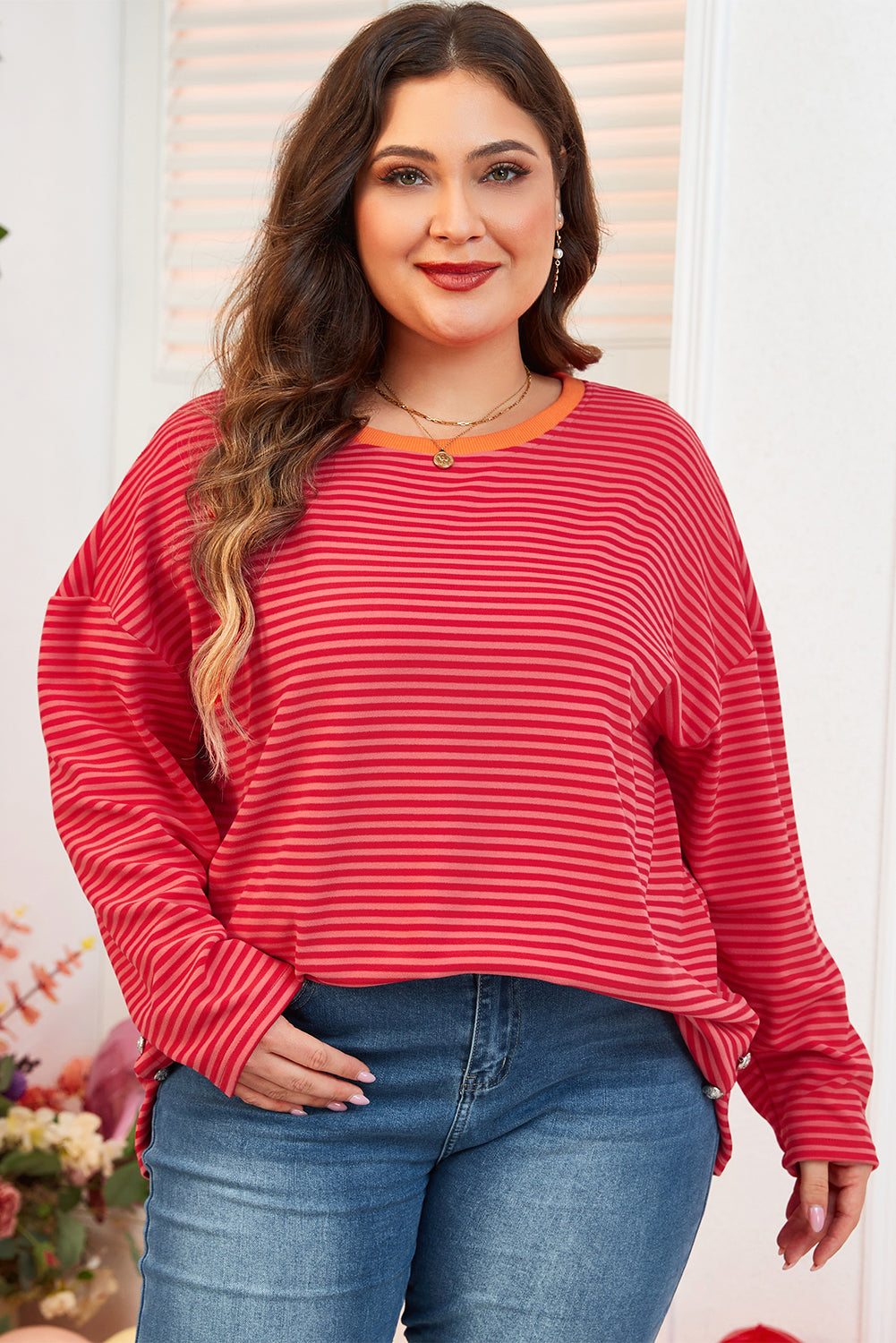 Orange Stripe Drop Shoulder Long Sleeve Buttoned Decor Top