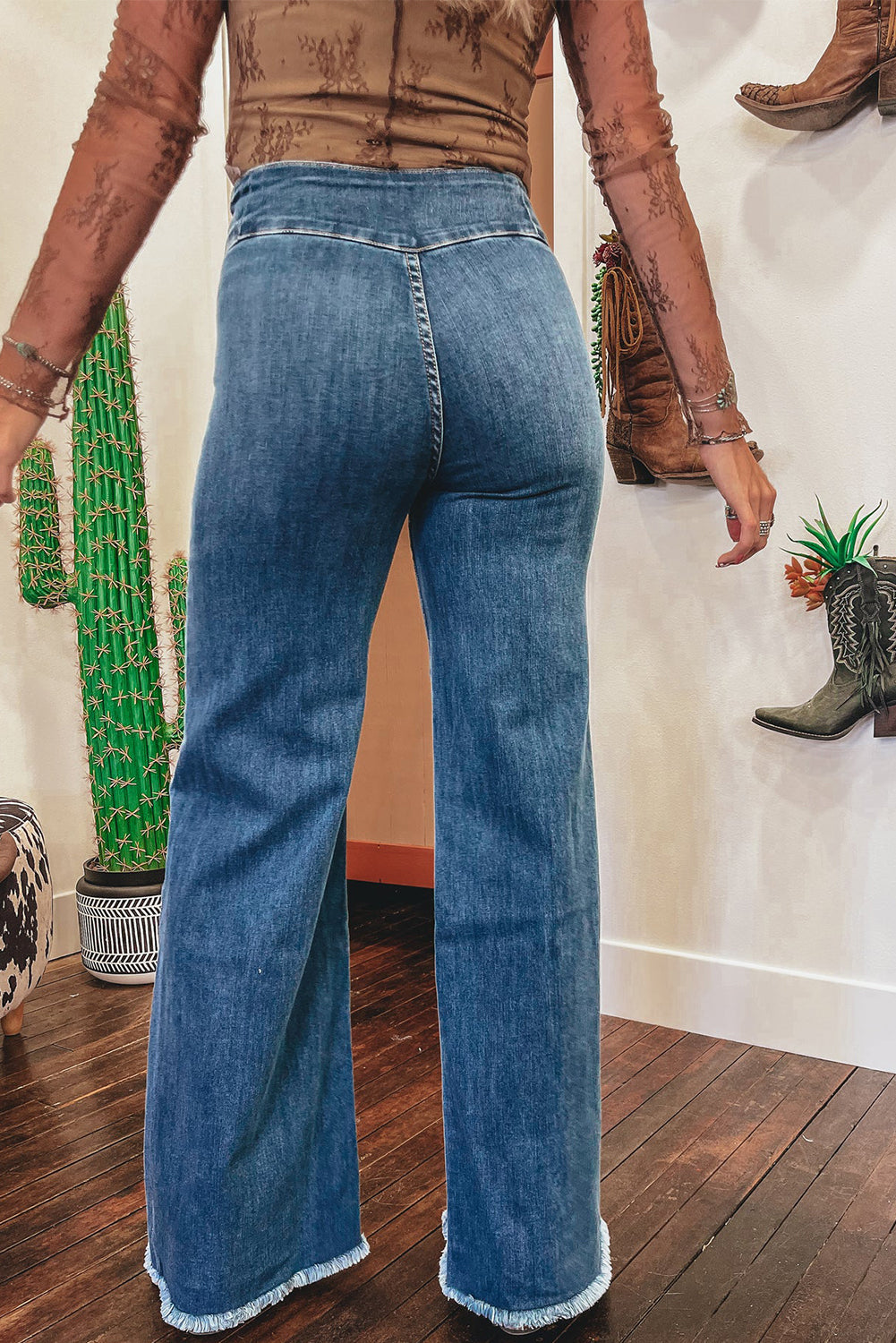 Sail Blue High Waist Button Fly Seamed Raw Hem Flare Jeans (Extended Sizes)