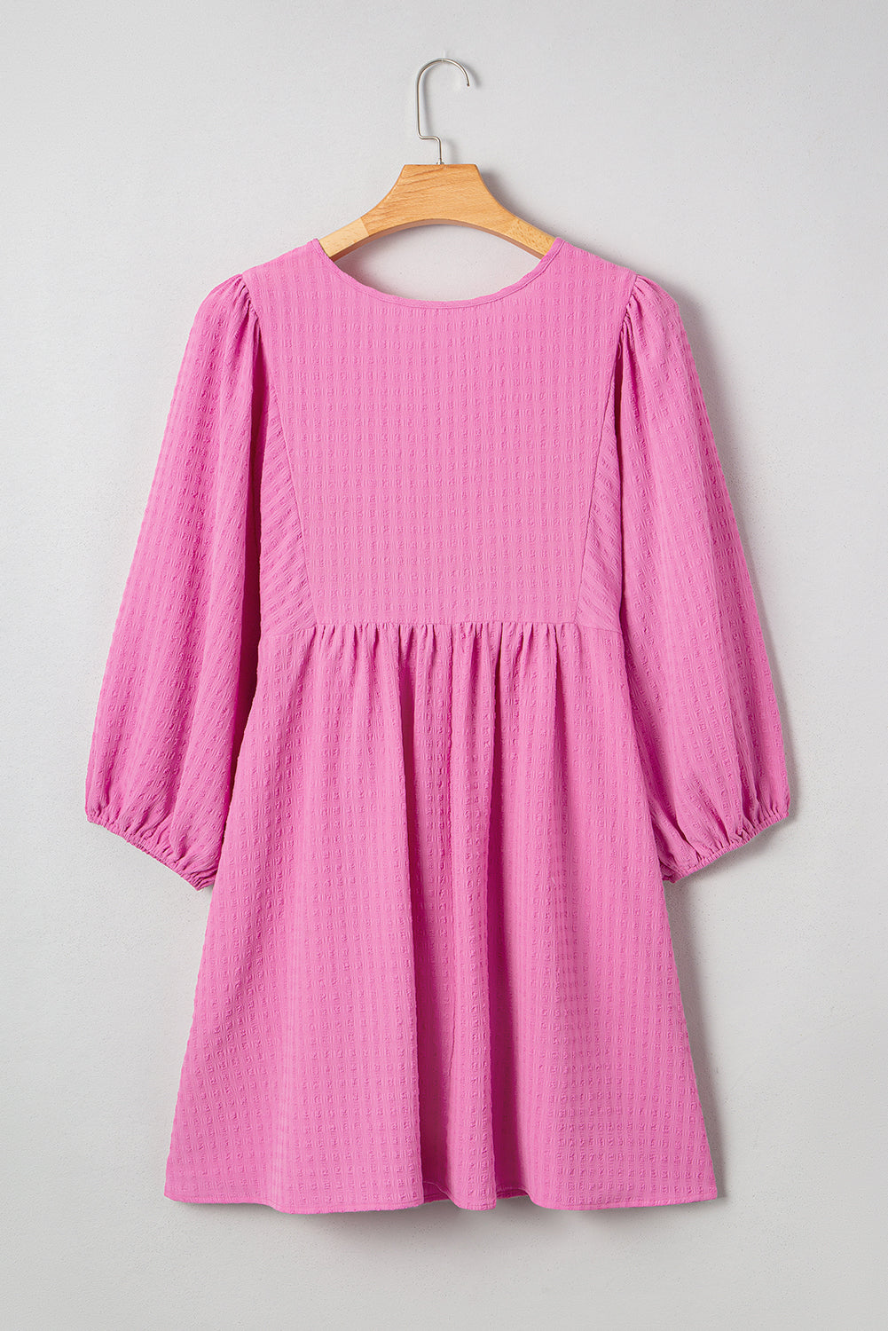 Sachet Pink Textured Tie Split Neck Puff Sleeve Flowy Mini Dress