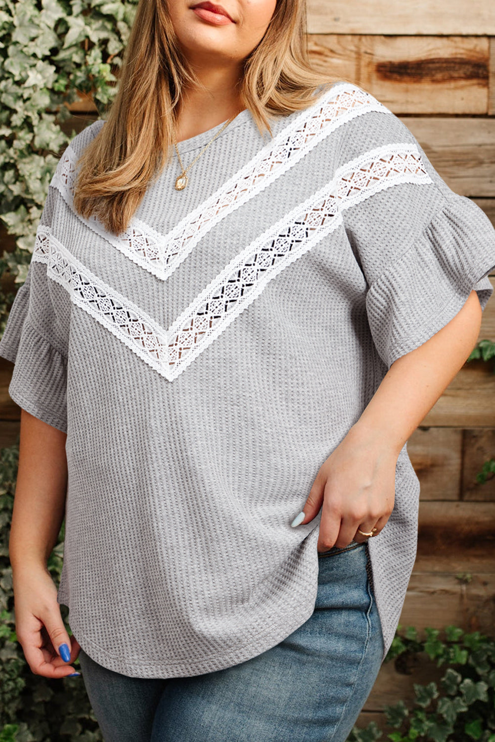 Light Grey Lace Insert Waffle Ruffle Short Sleeve Top