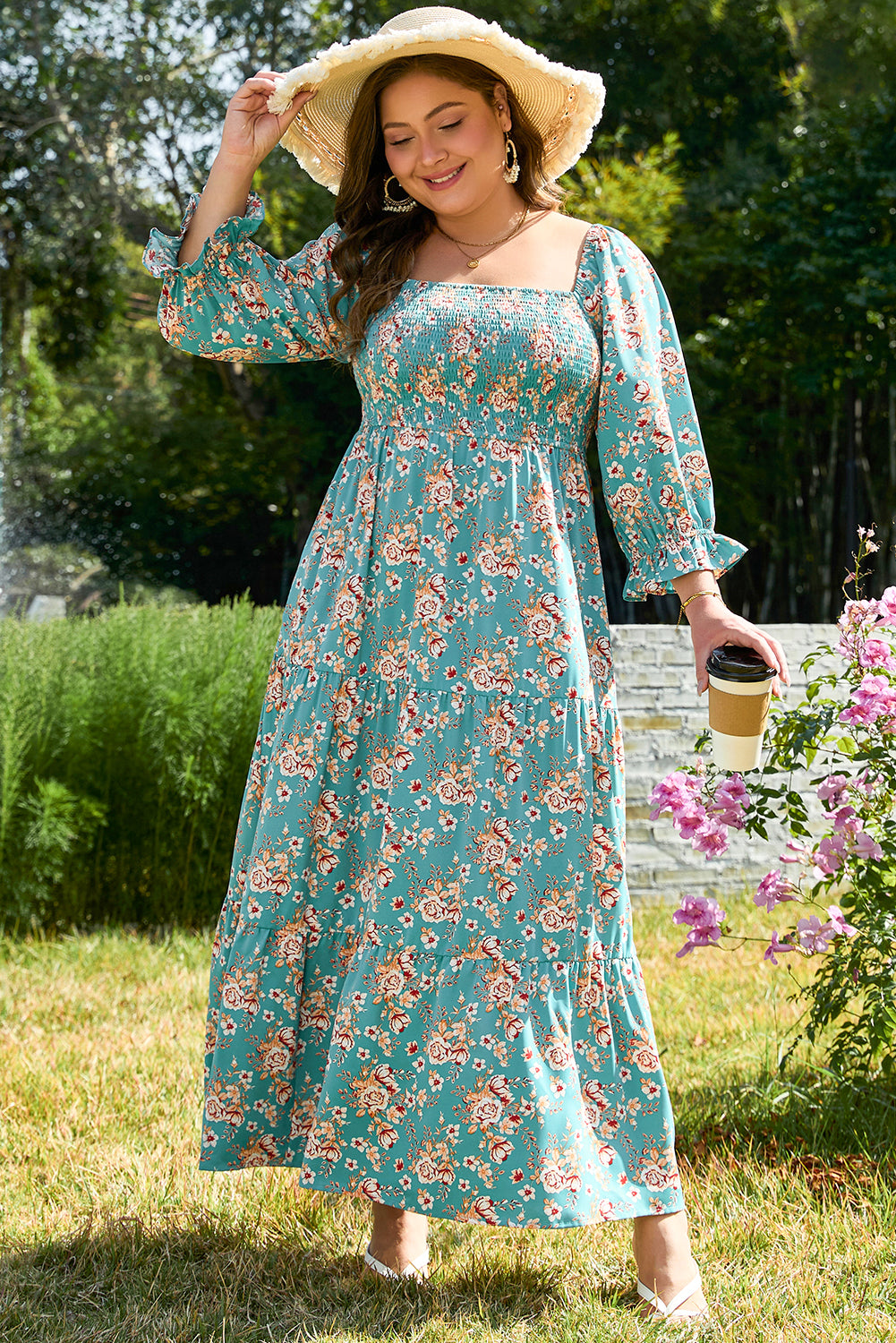 Green Floral Print Square Neck Smocked Maxi Dress