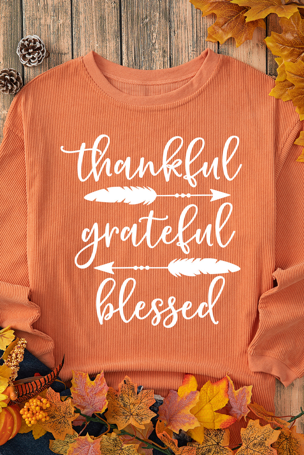Orange thankful grateful blessed Arrow Graphic Corded Sweatshirt (Extended Sizes)