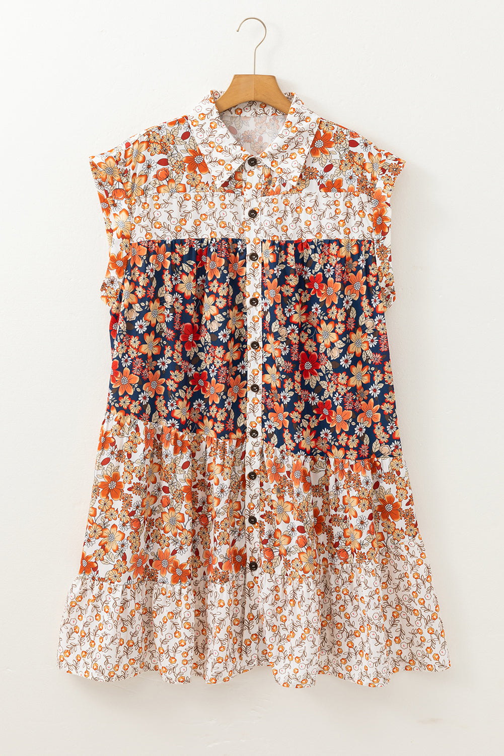 Beige Floral Patchwork Button Front Collared Mini Dress
