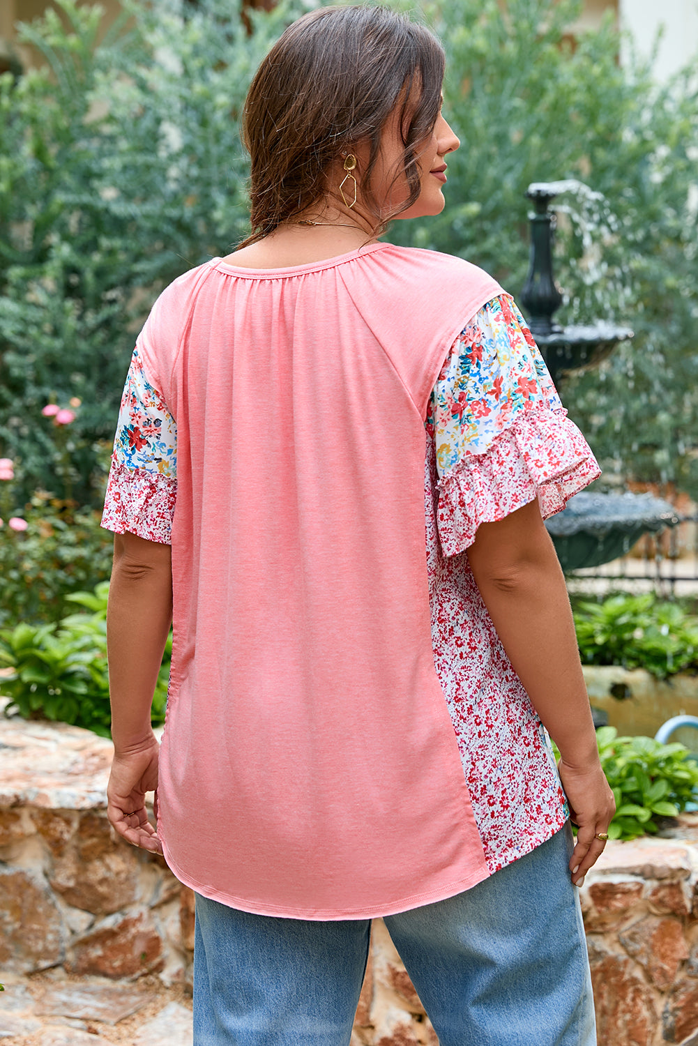 Pink Floral Patchwork Ruffled Short Sleeve Blouse