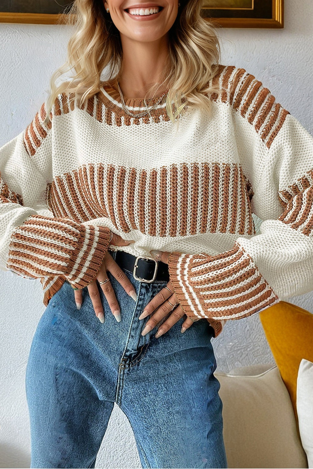 Two Tone Striped Patchwork Drop Shoulder Loose Sweater (Other Colors)
