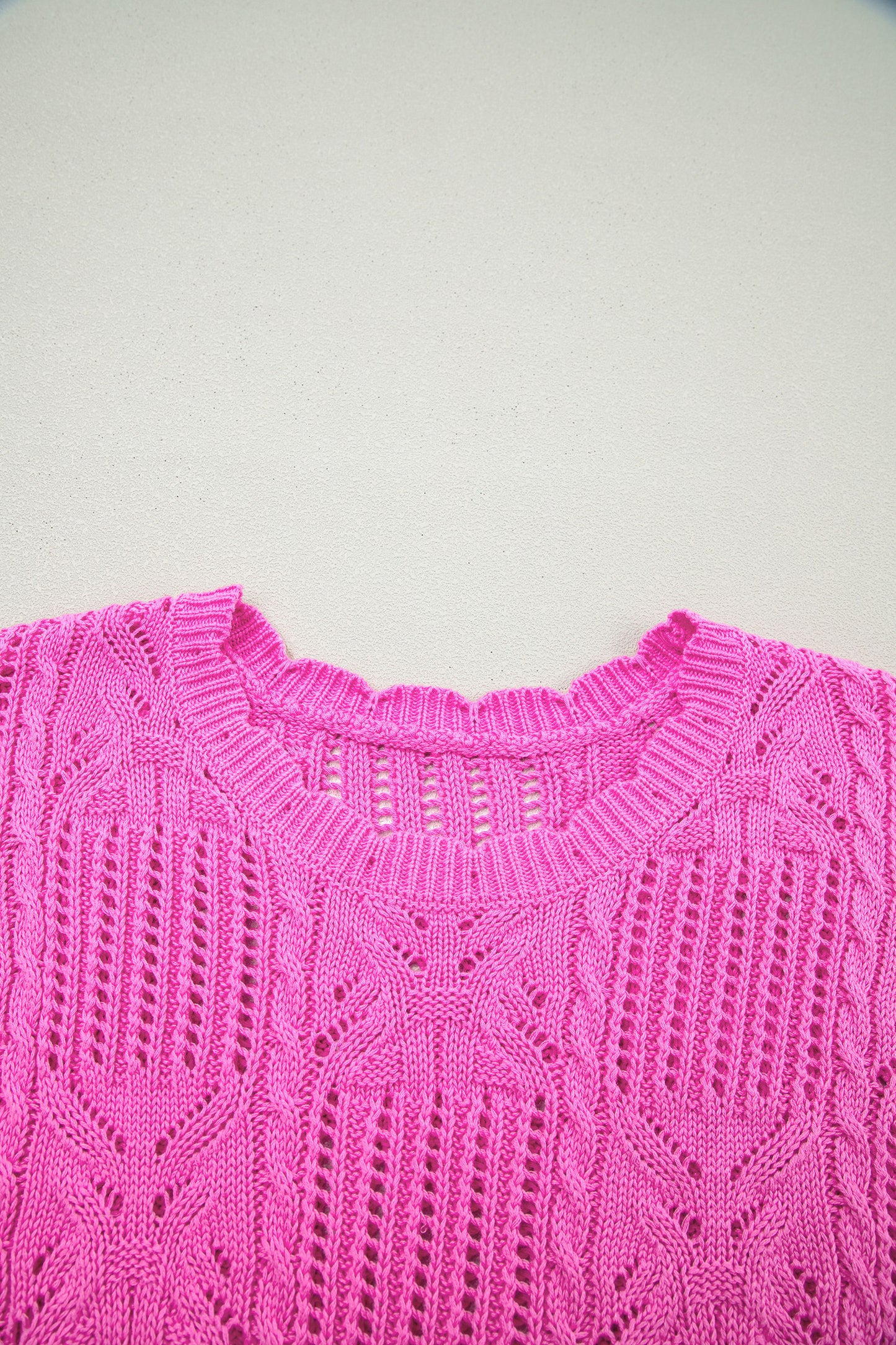 Bonbon Pointelle Knit Patterned Scalloped Trim Short Sleeve Sweater (Other Colors)