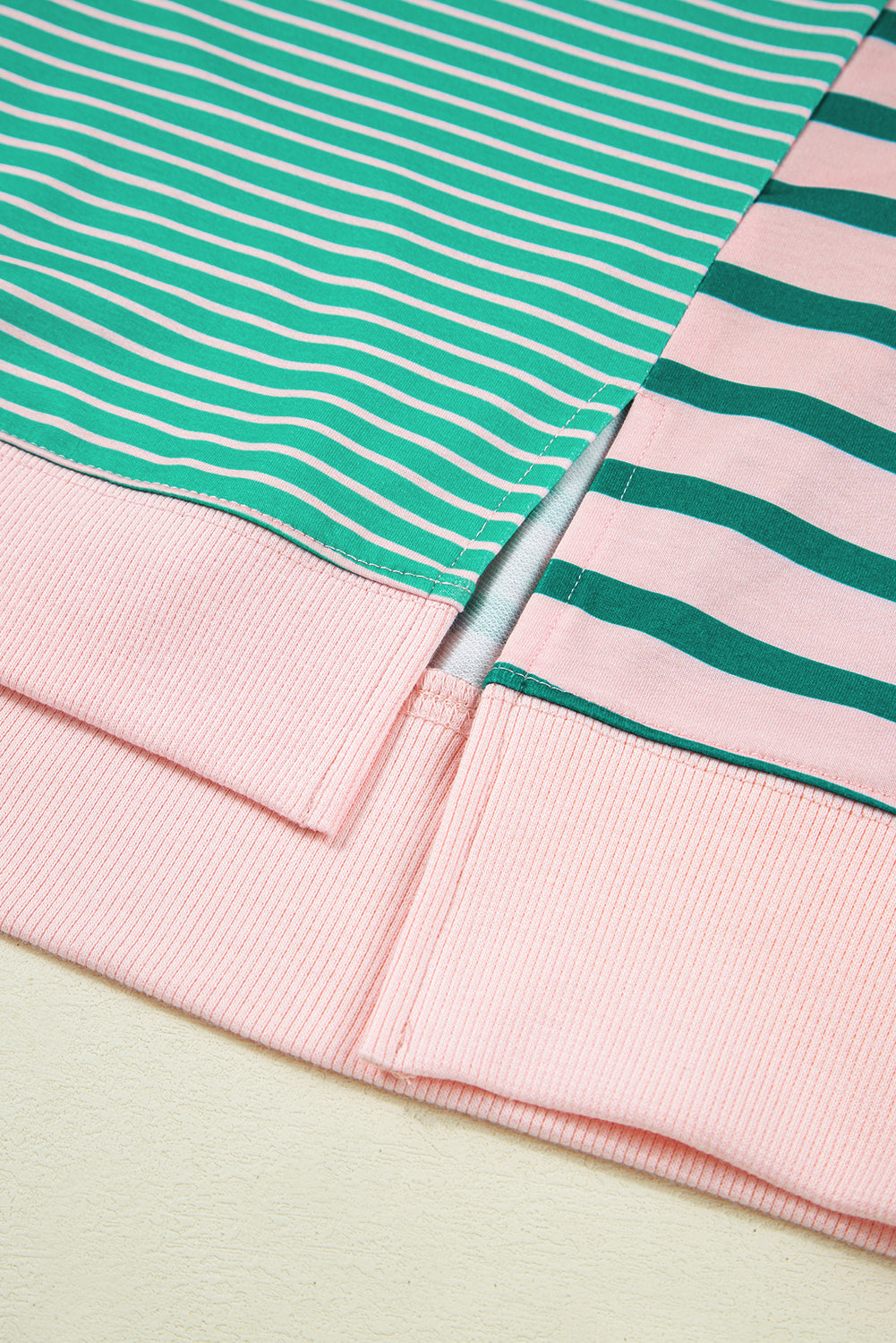 Green Stripe Color Block Exposed Seam Side Slit Sweatshirt