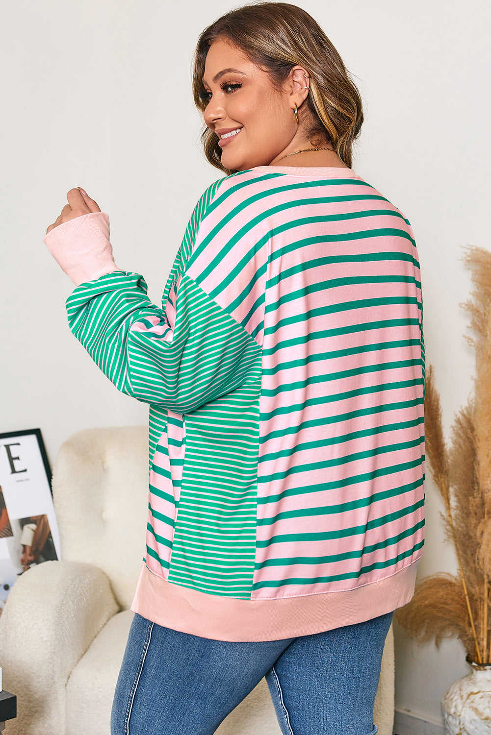 Green Stripe Color Block Exposed Seam Side Slit Sweatshirt