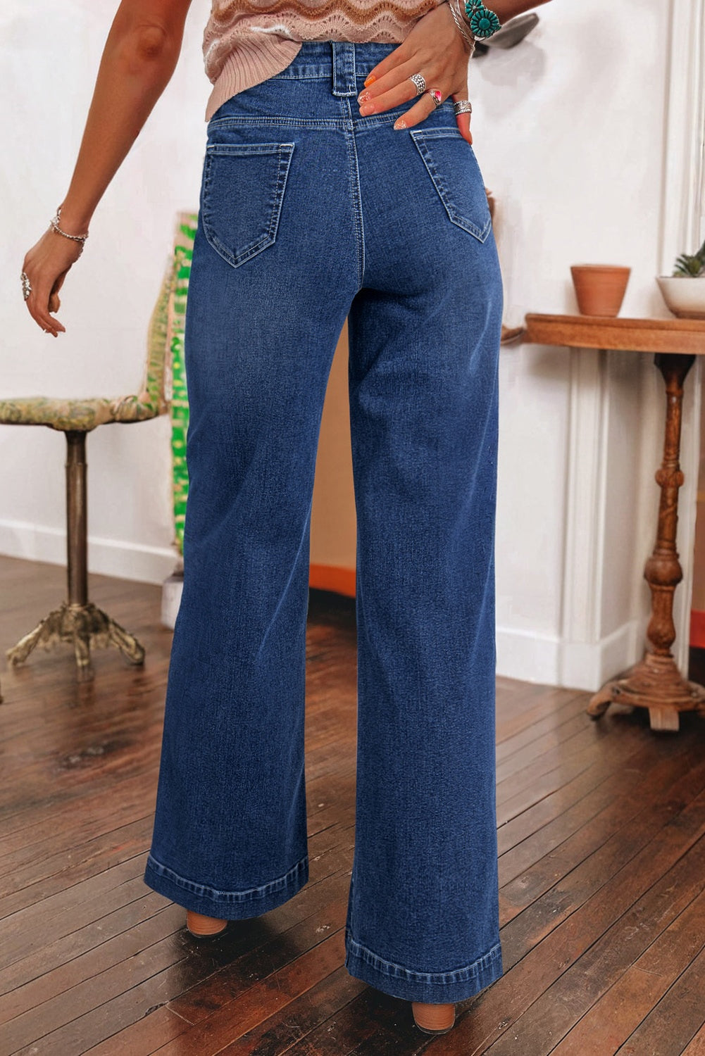 Sail Blue Wide Leg Pocketed High Waist Jeans (Extended Sizes)