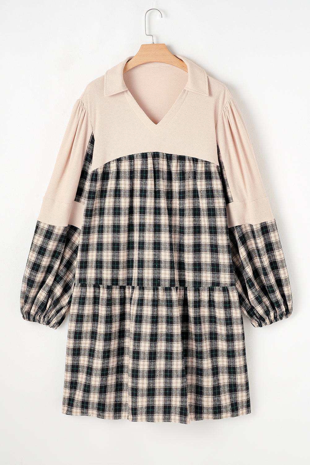 Black Plaid Waffle Knit Patchwork Collared V Neck Mini Dress