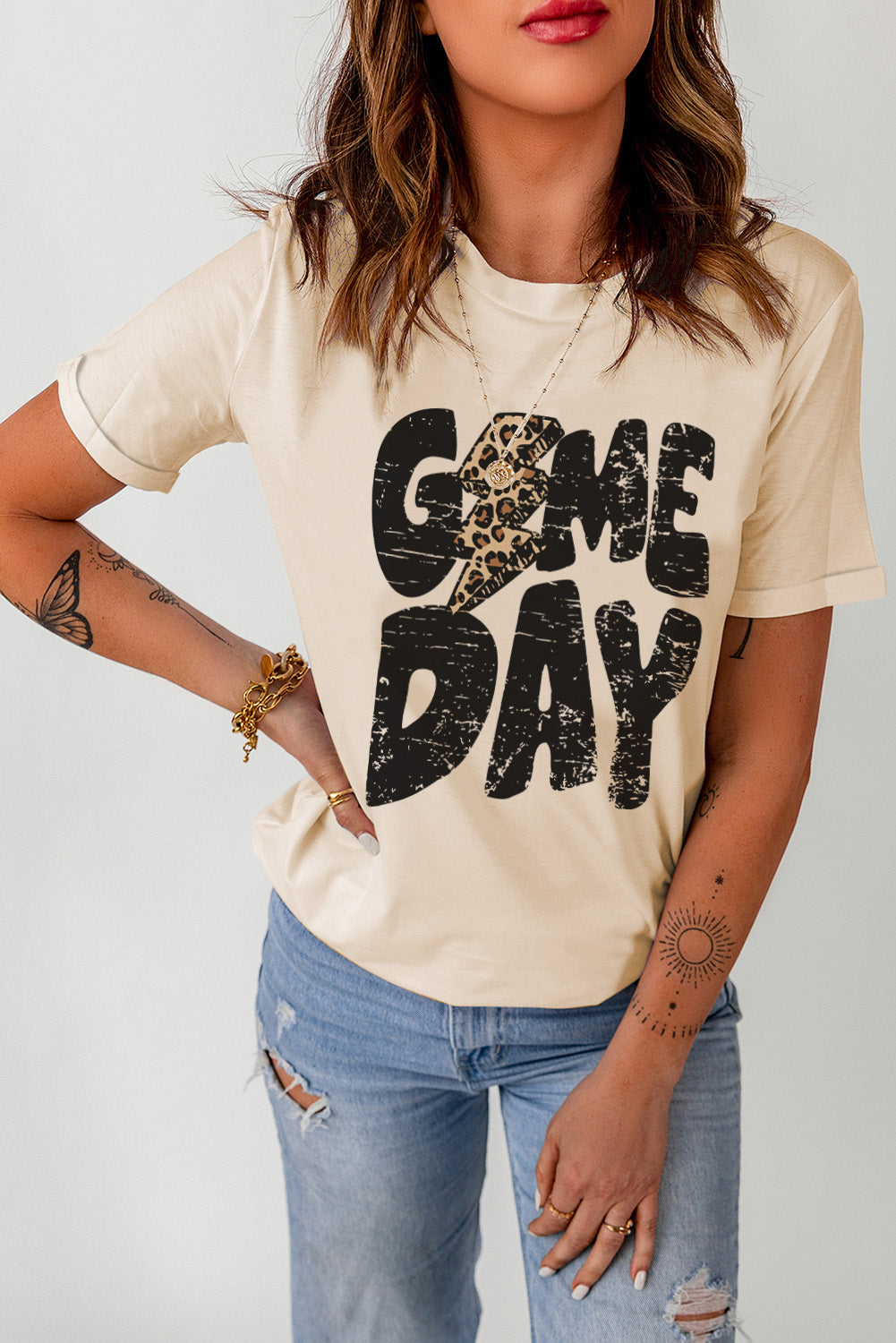 Khaki Game Day Rugby Football Season Leopard Lightning T Shirt (Extended Sizes)