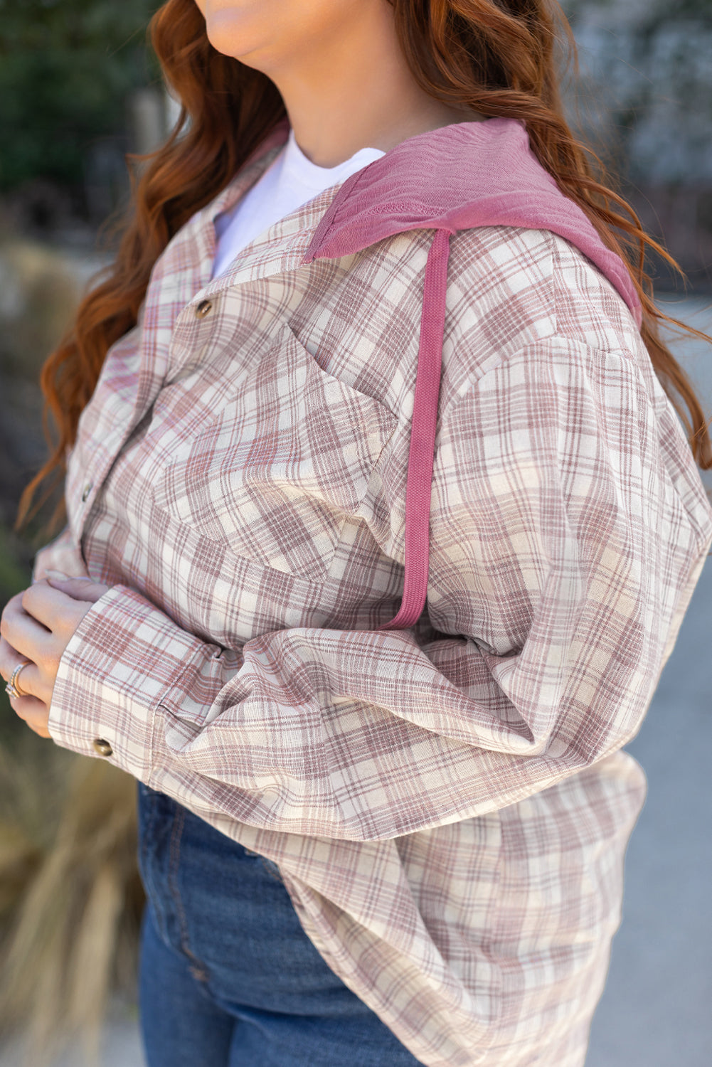Bonbon Plaid Print Drawstring Hooded Button-up Shirt
