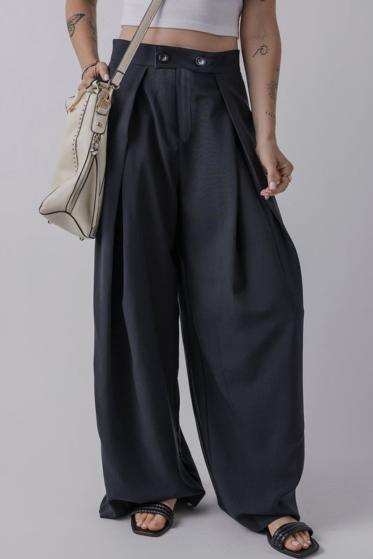 Dual Buttoned High Waist Pleated Wide Leg Pants