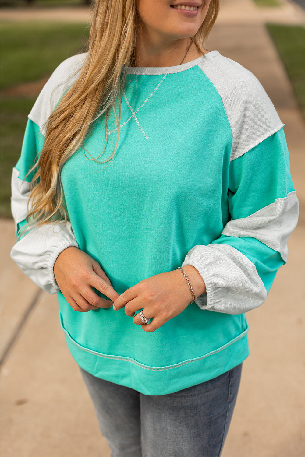 Aruba Blue Colorblock Patchwork Cross Seam Sweatshirt
