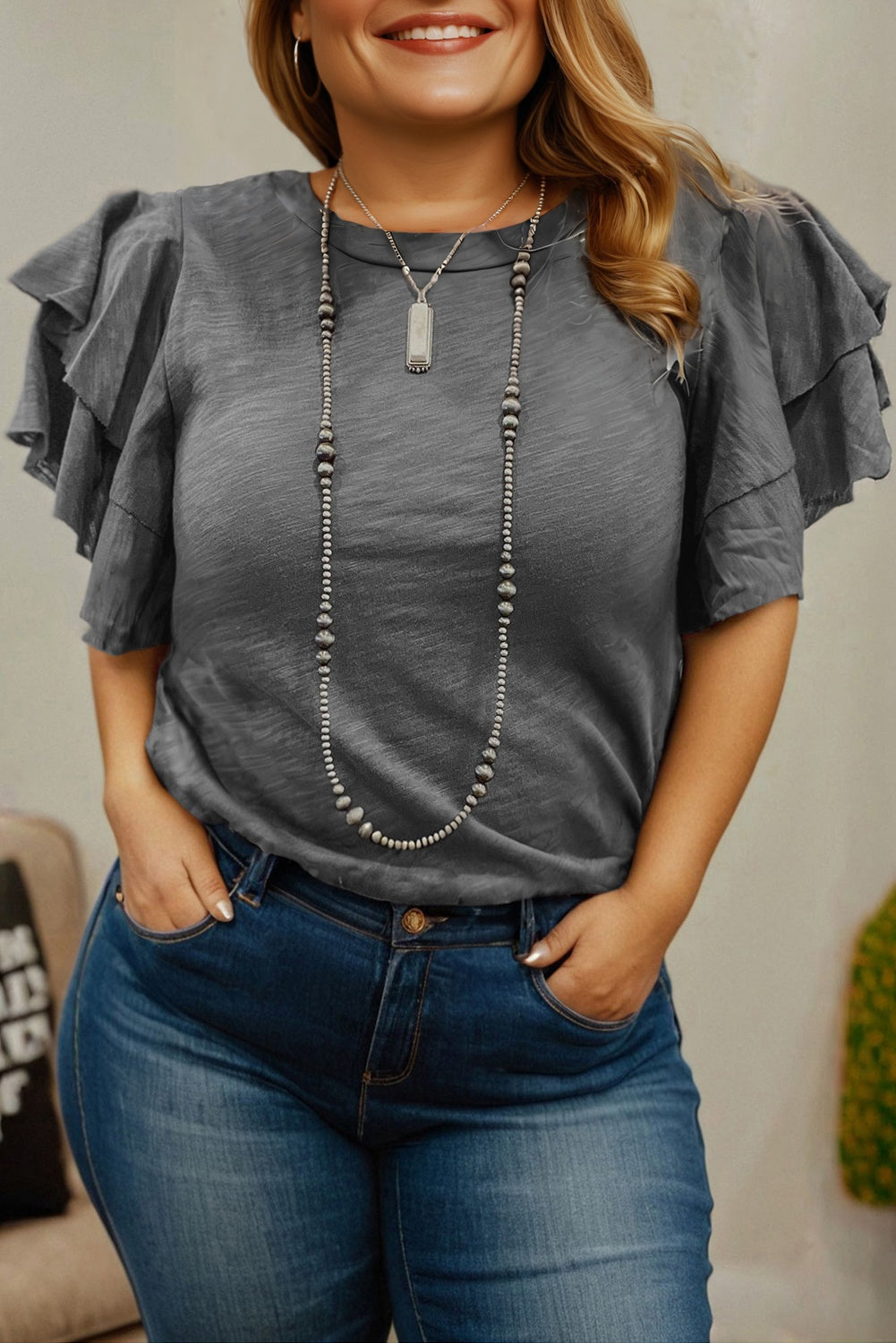 Dark Grey Double Ruffled Short Sleeve Top