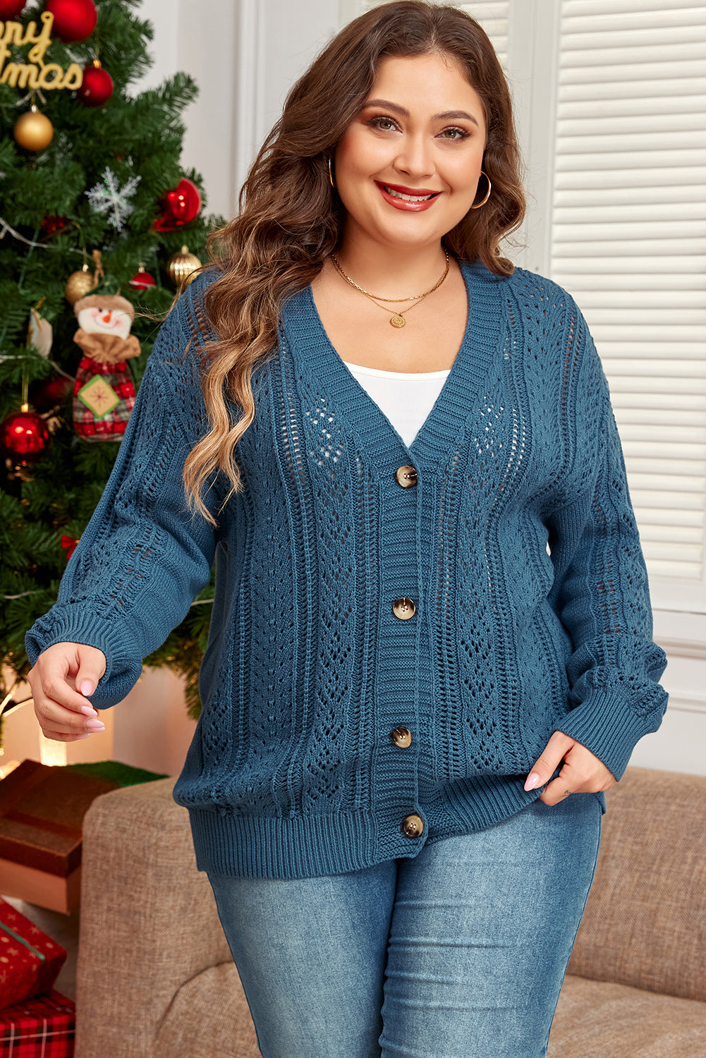 Real Teal Open Knit V Neck Button Front Drop Shoulder Cardigan