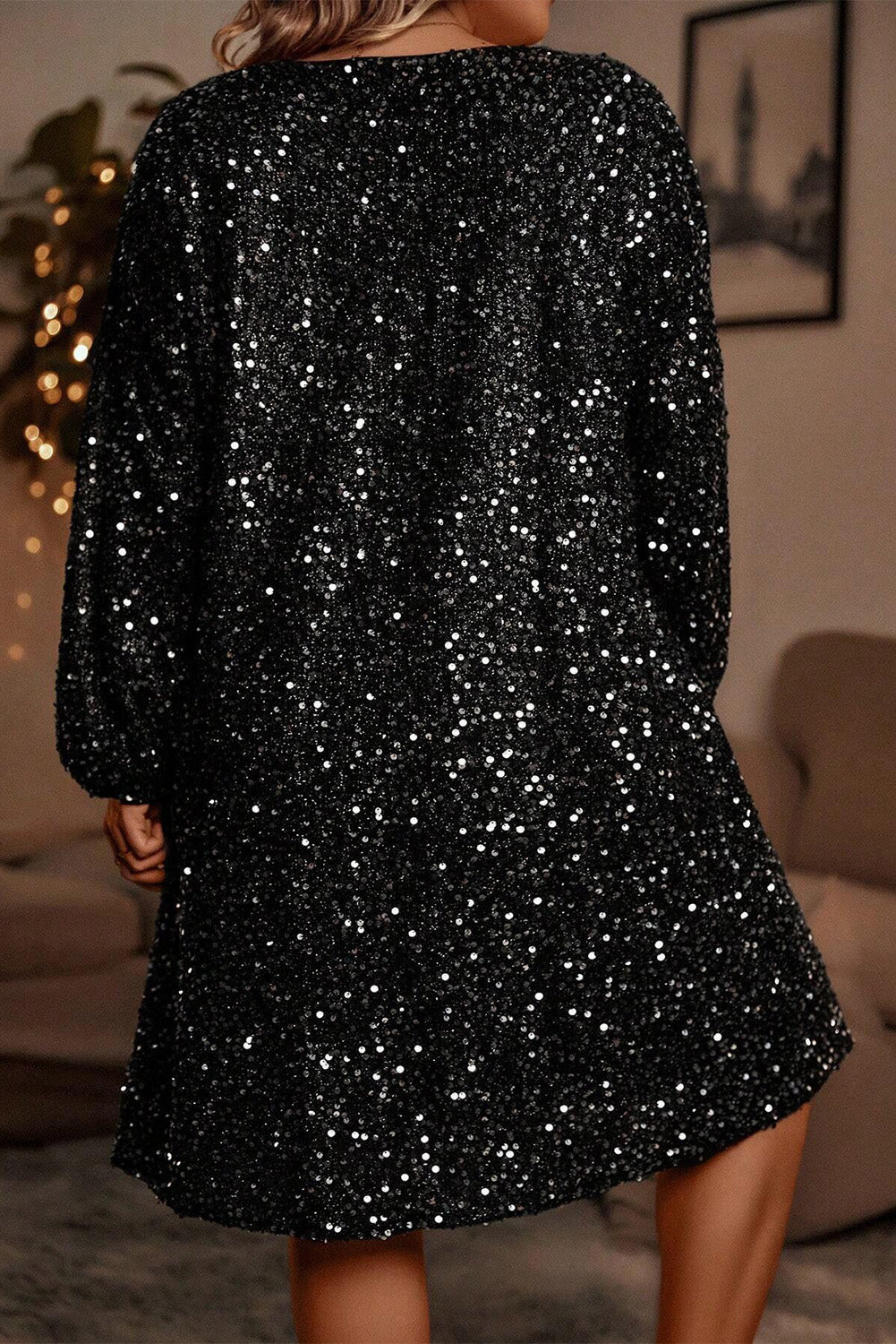 Color black Bubble Sleeve V Neck Sequin Dress