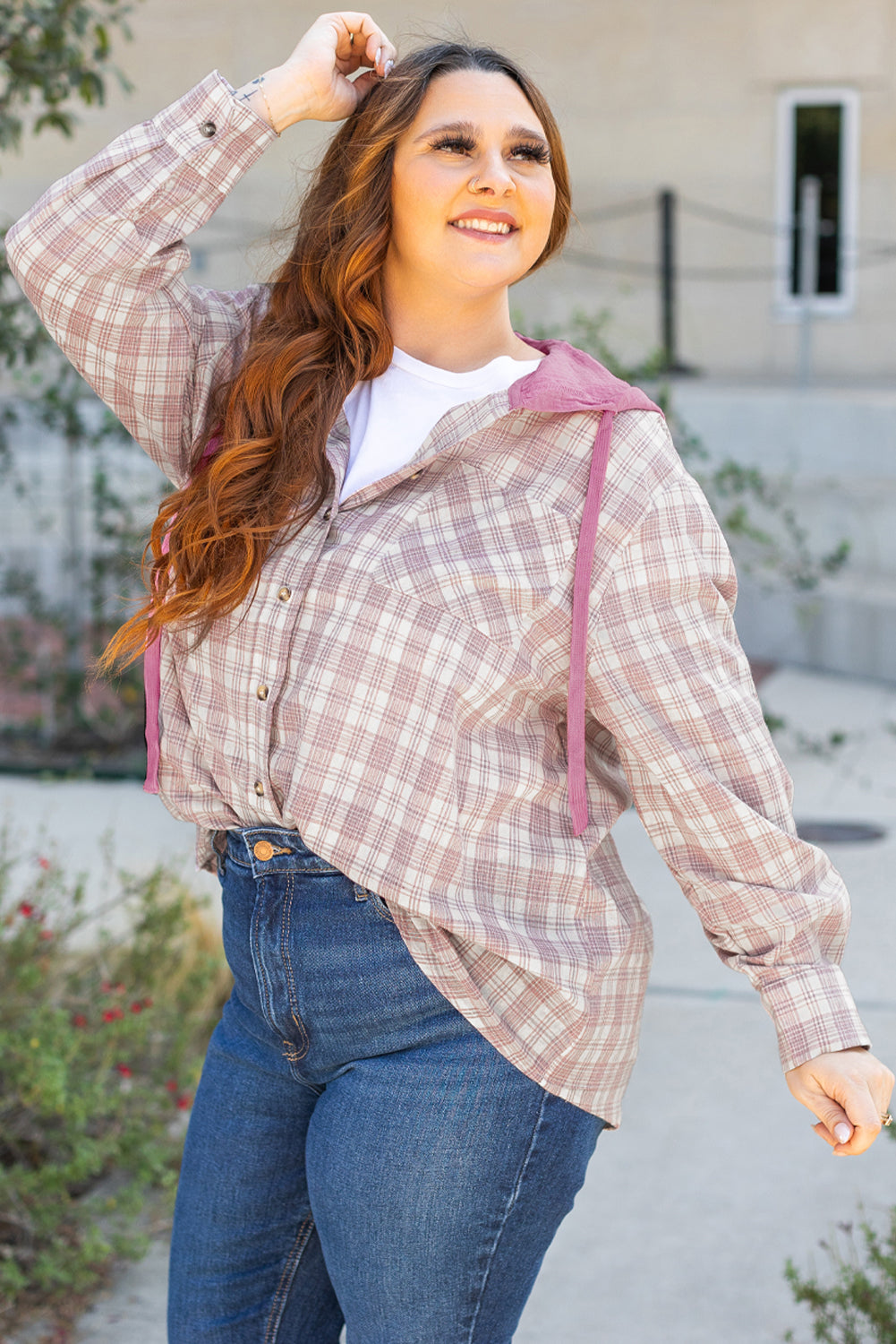 Bonbon Plaid Print Drawstring Hooded Button-up Shirt