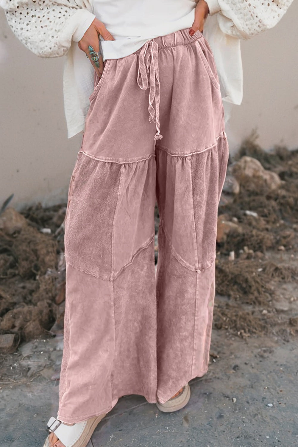 Black Mineral Wash Tiered Wide Leg Patchwork Drawstring Pants