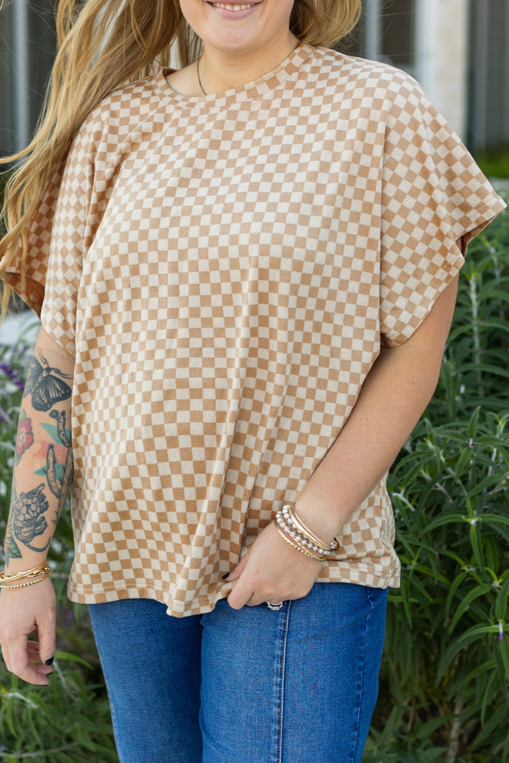 Khaki Checkerboard Short Batwing Sleeve Round Neck T Shirt