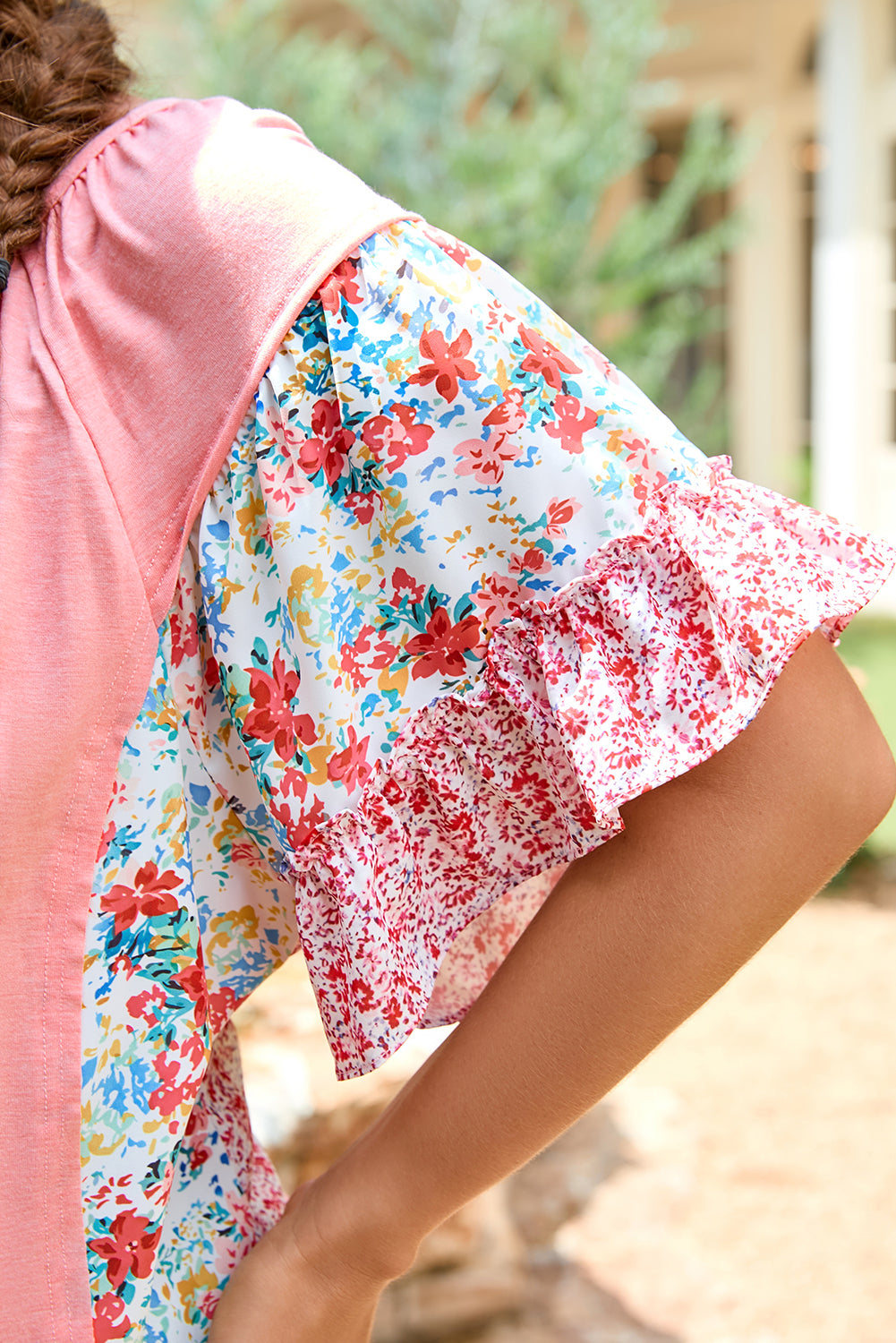 Pink Floral Patchwork Ruffled Short Sleeve Blouse