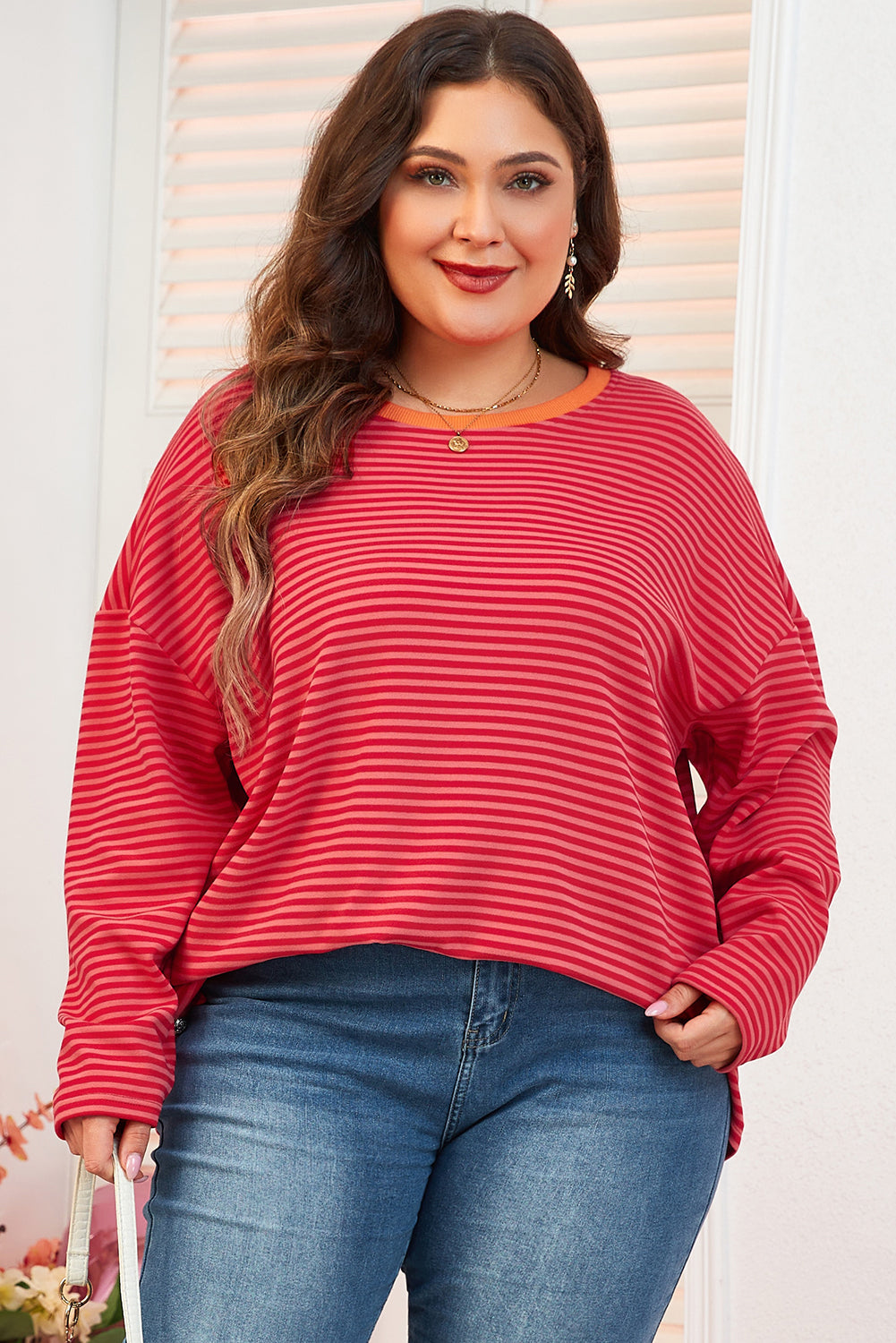 Orange Stripe Drop Shoulder Long Sleeve Buttoned Decor Top