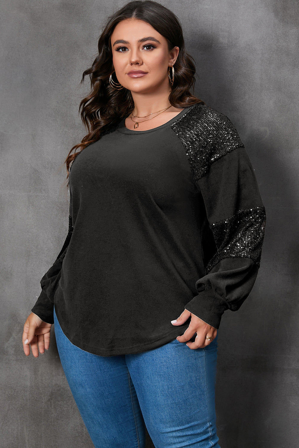 Black Sequin Patchwork Crew Neck Long Sleeve Top