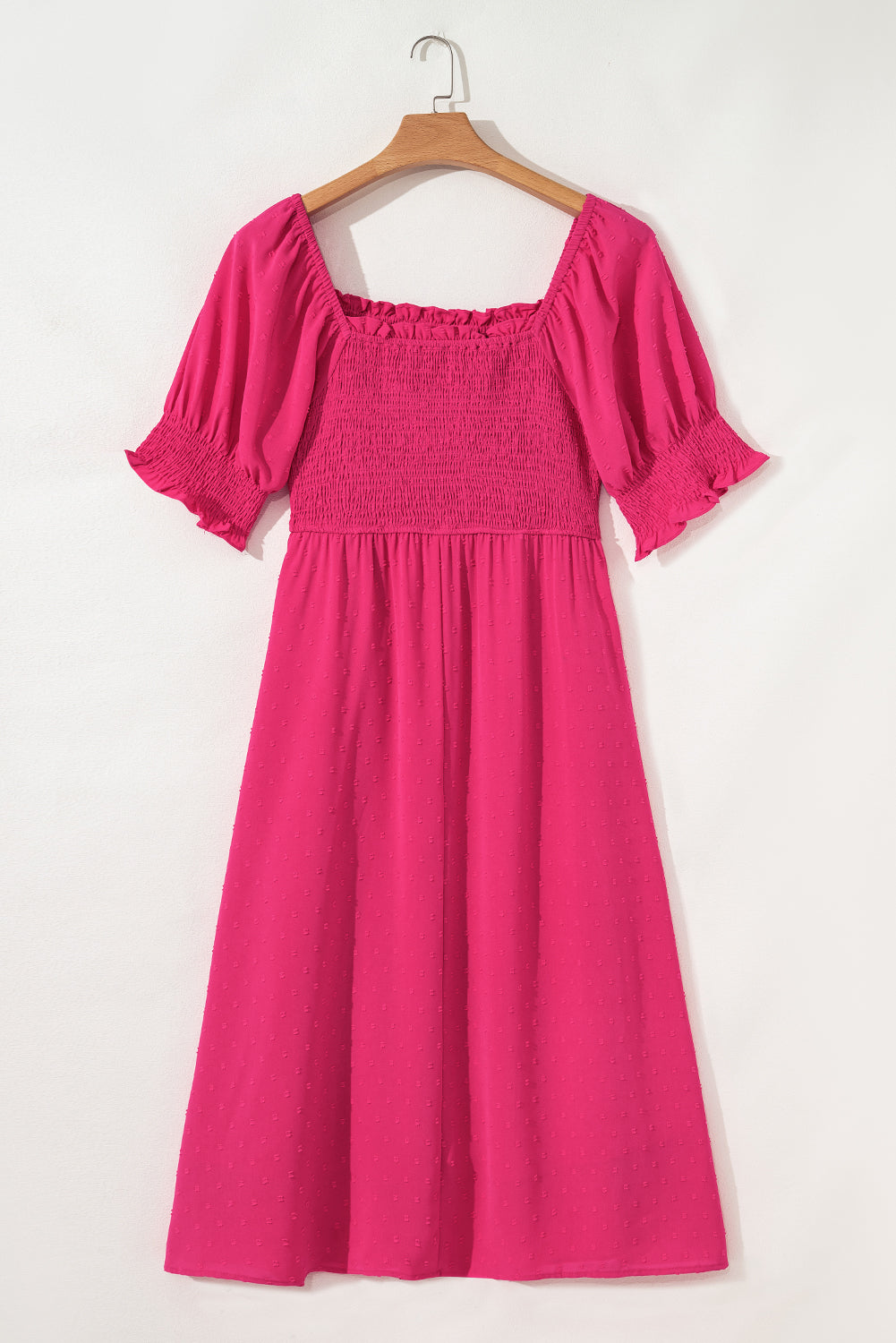 Sachet Pink Swiss Dot Smocked Frilled Neckline Short Sleeve Dress