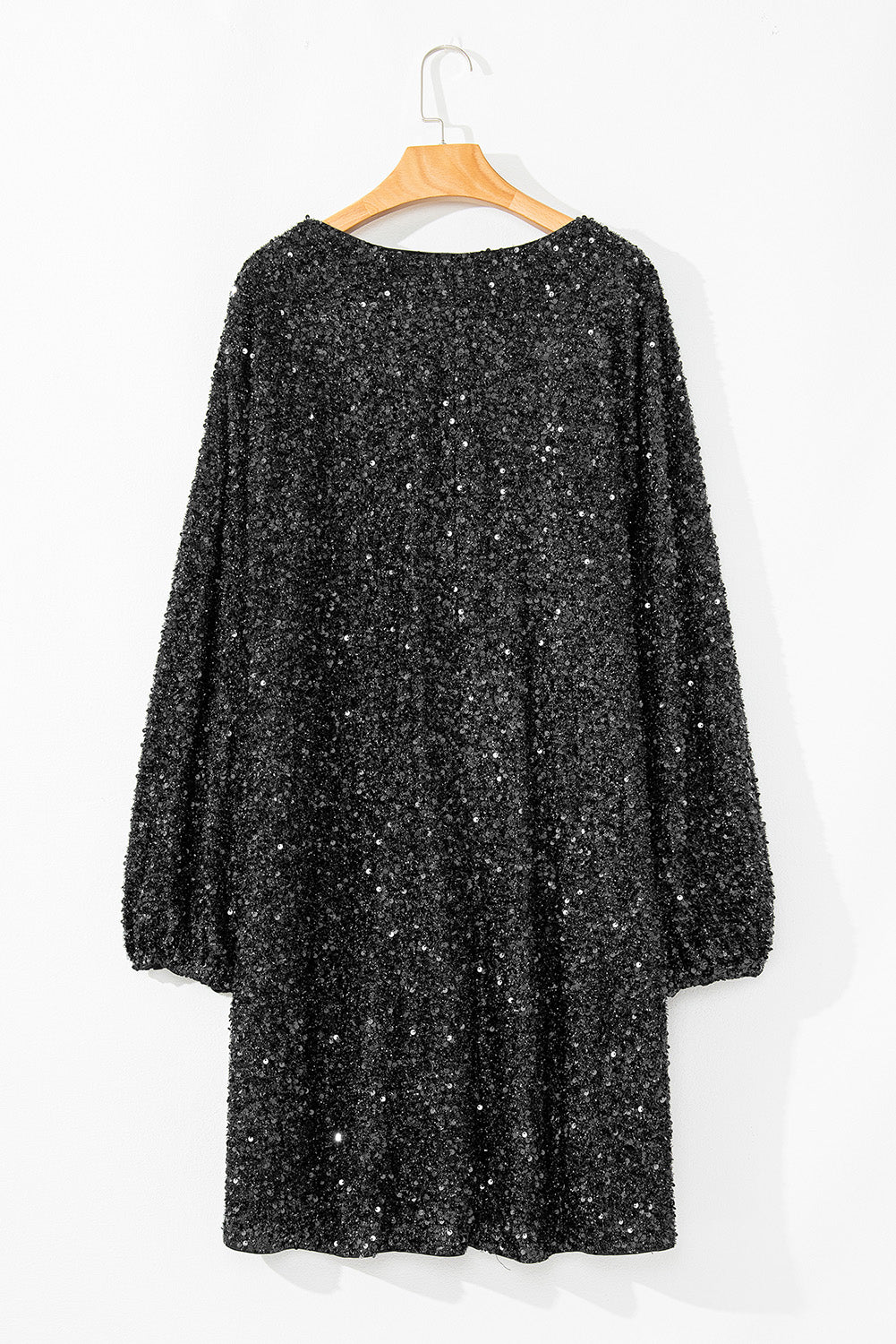 Color black Bubble Sleeve V Neck Sequin Dress