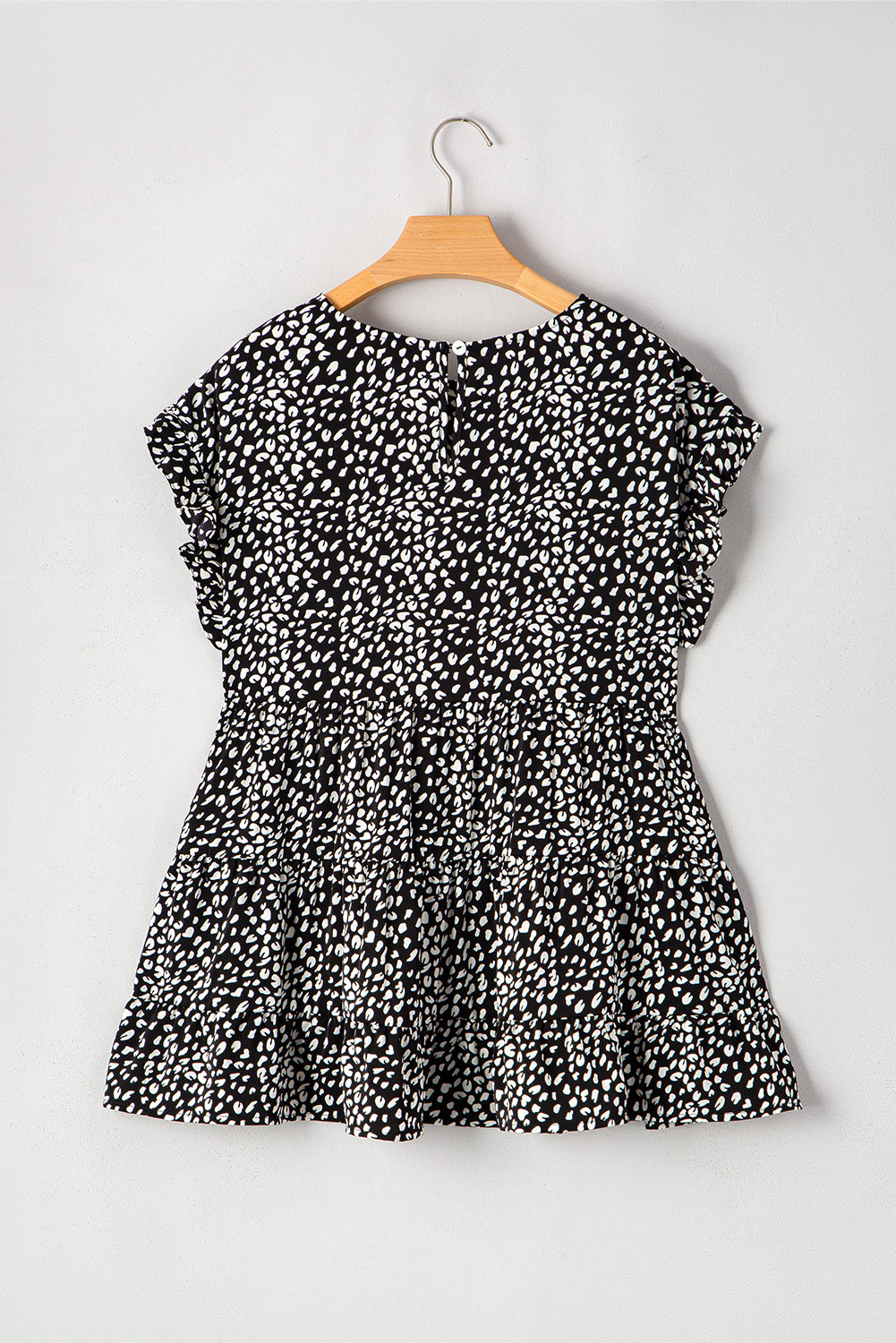Black Leopard Print Ruffled Short Sleeve Keyhole Back Tiered Flowy Blouse