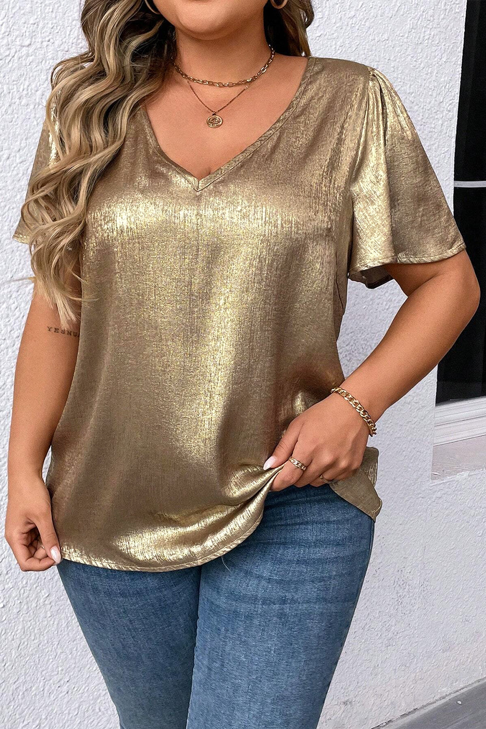 Gold Metallic V Neck Short Sleeve Blouse