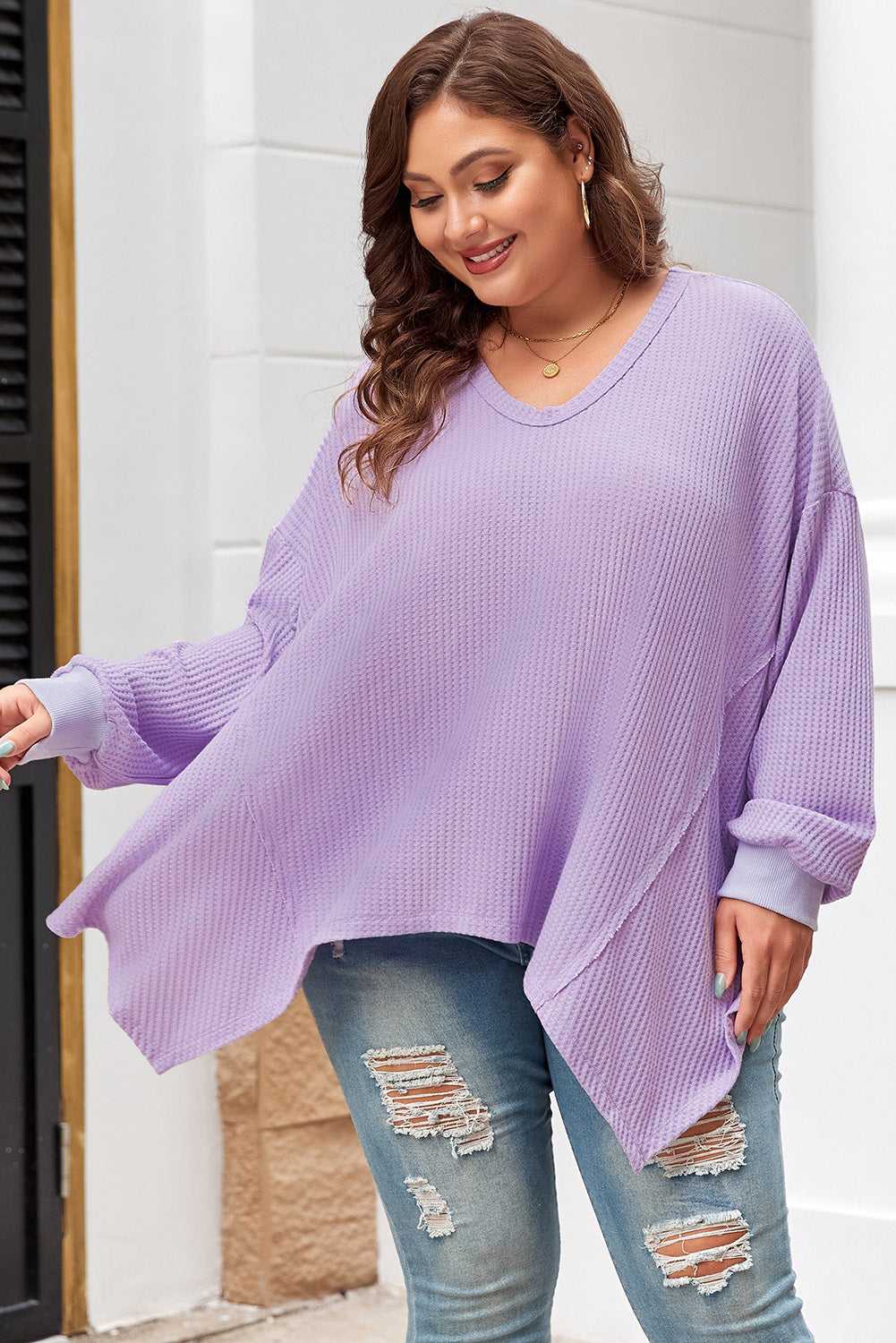 Orchid Petal Waffle Knit Exposed Seam Flowy Top