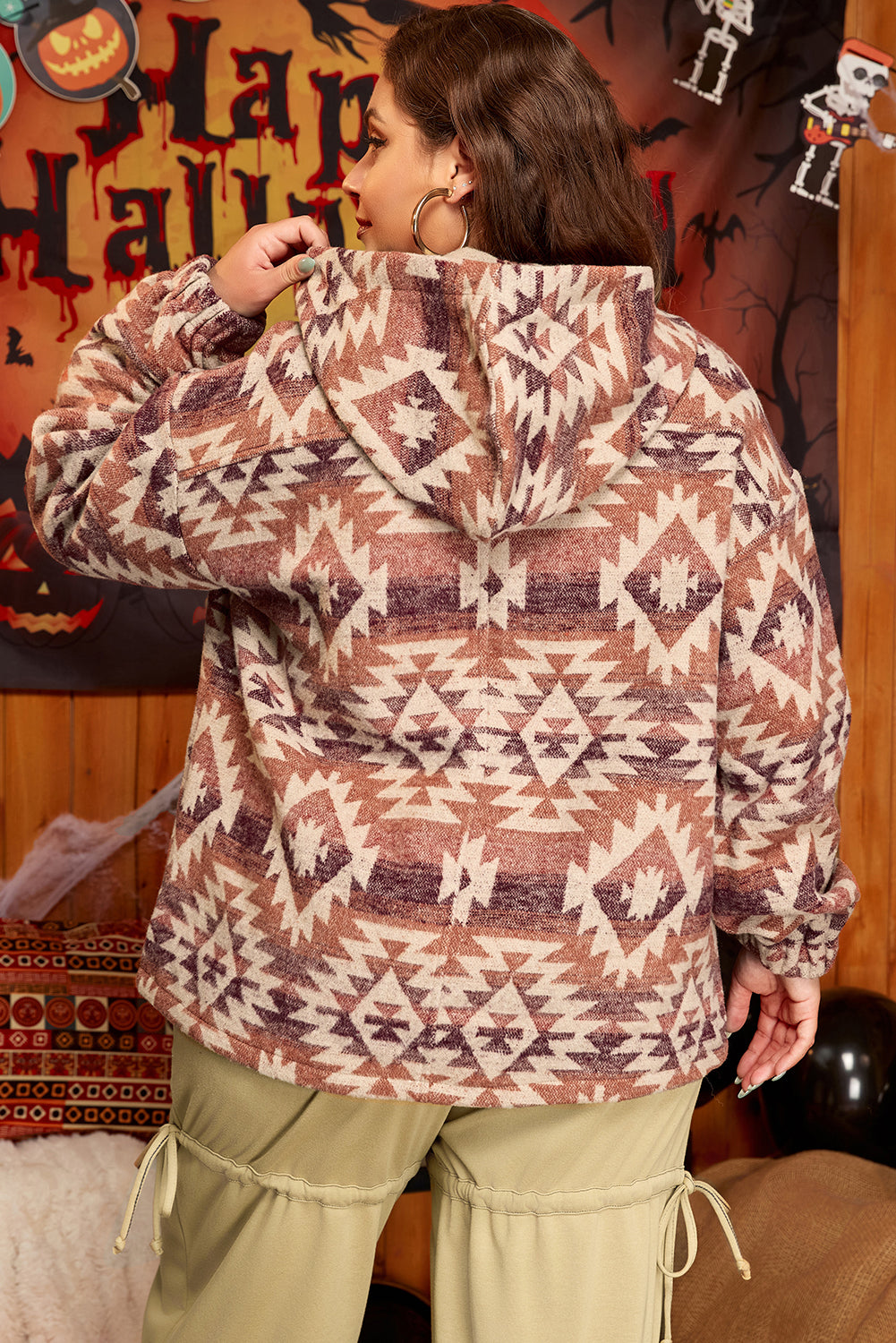 Red Western Fashion Aztec Patterned Half Zip High Neck Hoodie