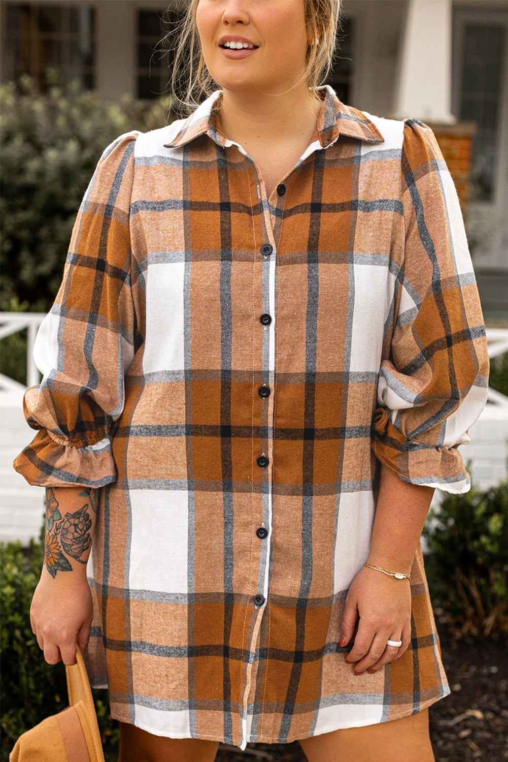 Khaki Plaid Flounce Sleeve Button up Shirt Dress