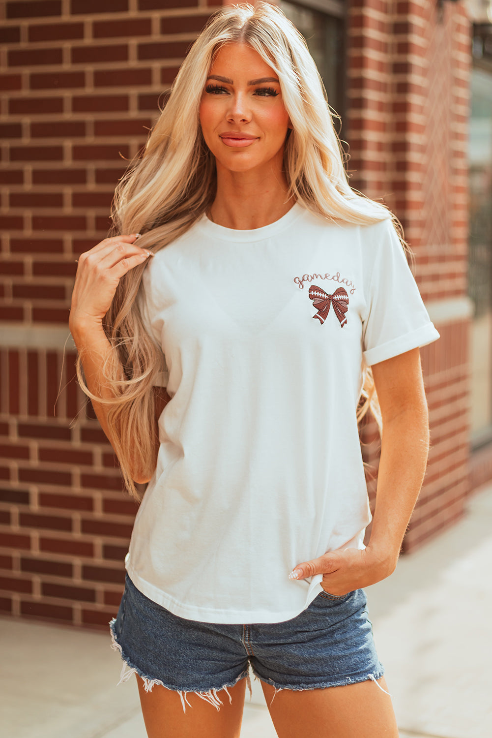 White Game Day Bowknot Embroidered Graphic Casual Tee (Extended Sizes)