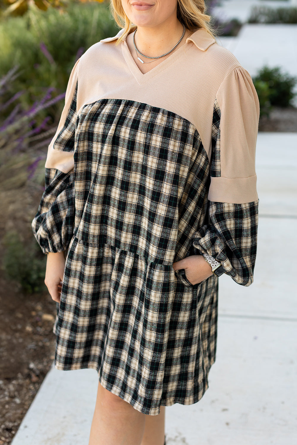 Black Plaid Waffle Knit Patchwork Collared V Neck Mini Dress