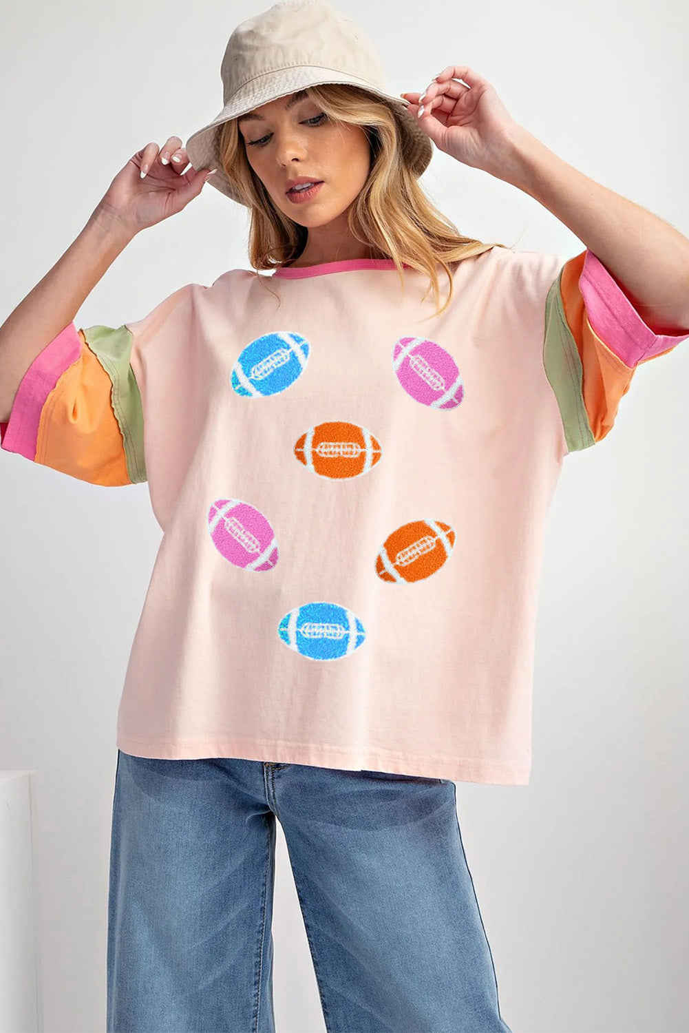 Pink Rugby Chenille Embroidered Color Block Half Sleeve T Shirt (Extended Sizes)